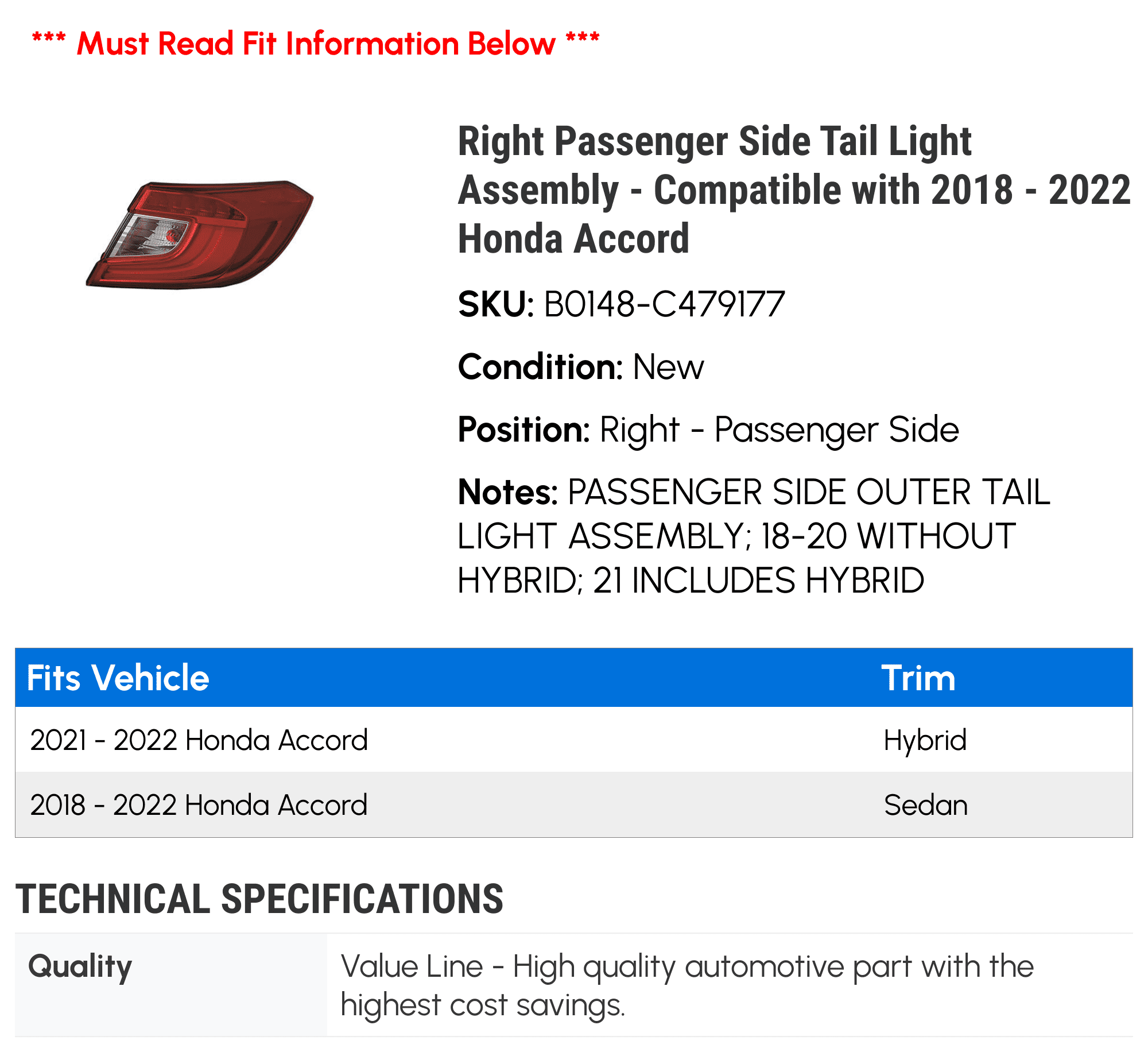 Right Passenger Side Tail Light Assembly - Compatible with 2018 - 2022 Honda Accord 2019 2020 2021
