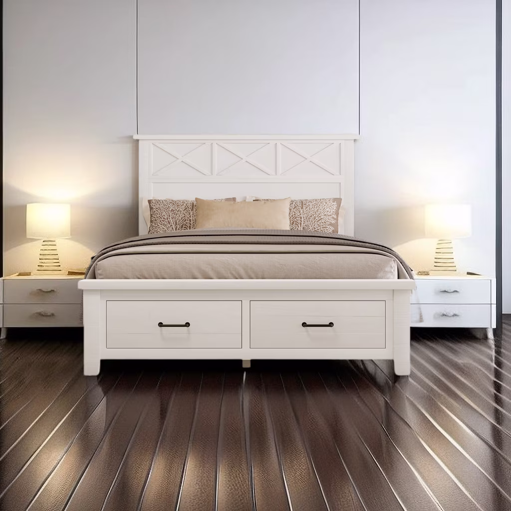Rustic Farmhouse Style Queen Platform Storage Bed with Two Drawers