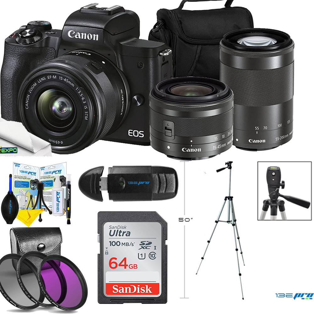 Canon EOS M50 Mark II Mirrorless Camera with 15-45mm and 55-200mm IS STM Lenses (Black) (4728C014) +Deal-expo Essential Bundle