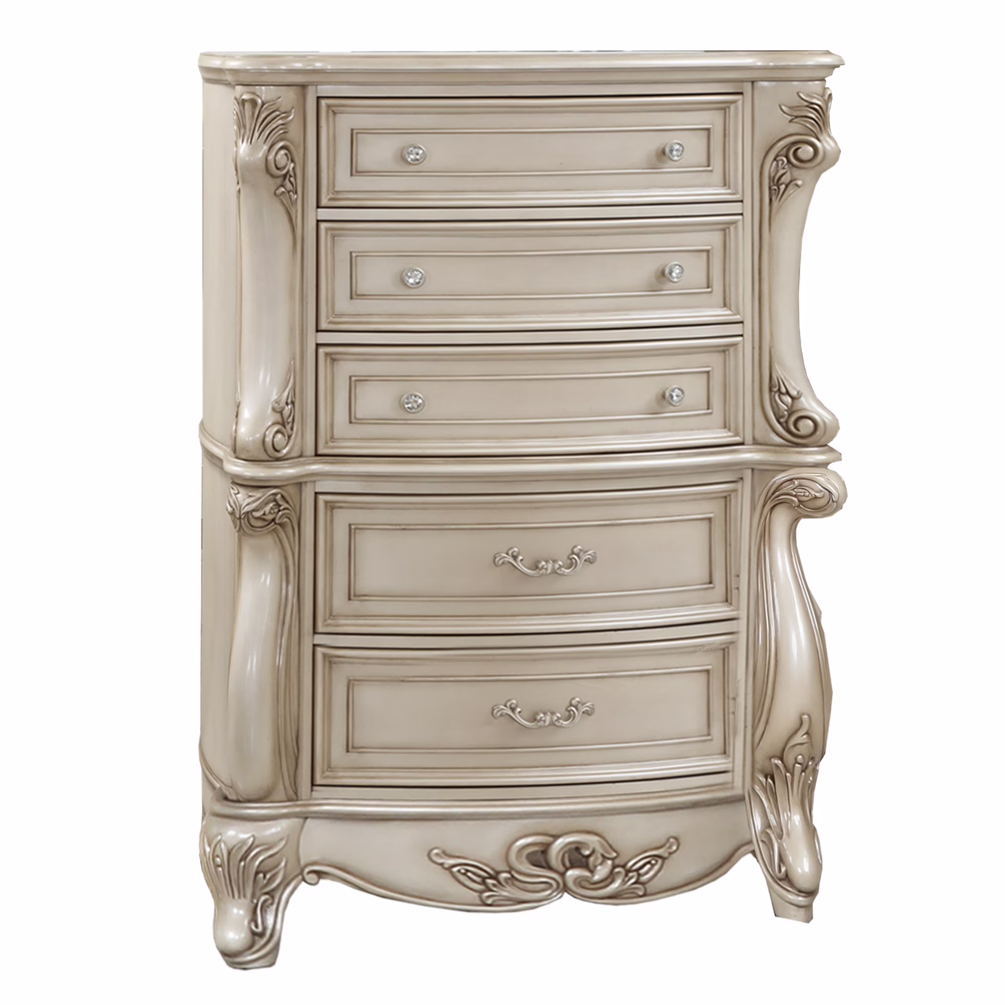 5 Drawer Wooden Chest with Scroll Design and Carved Feet, Antique White