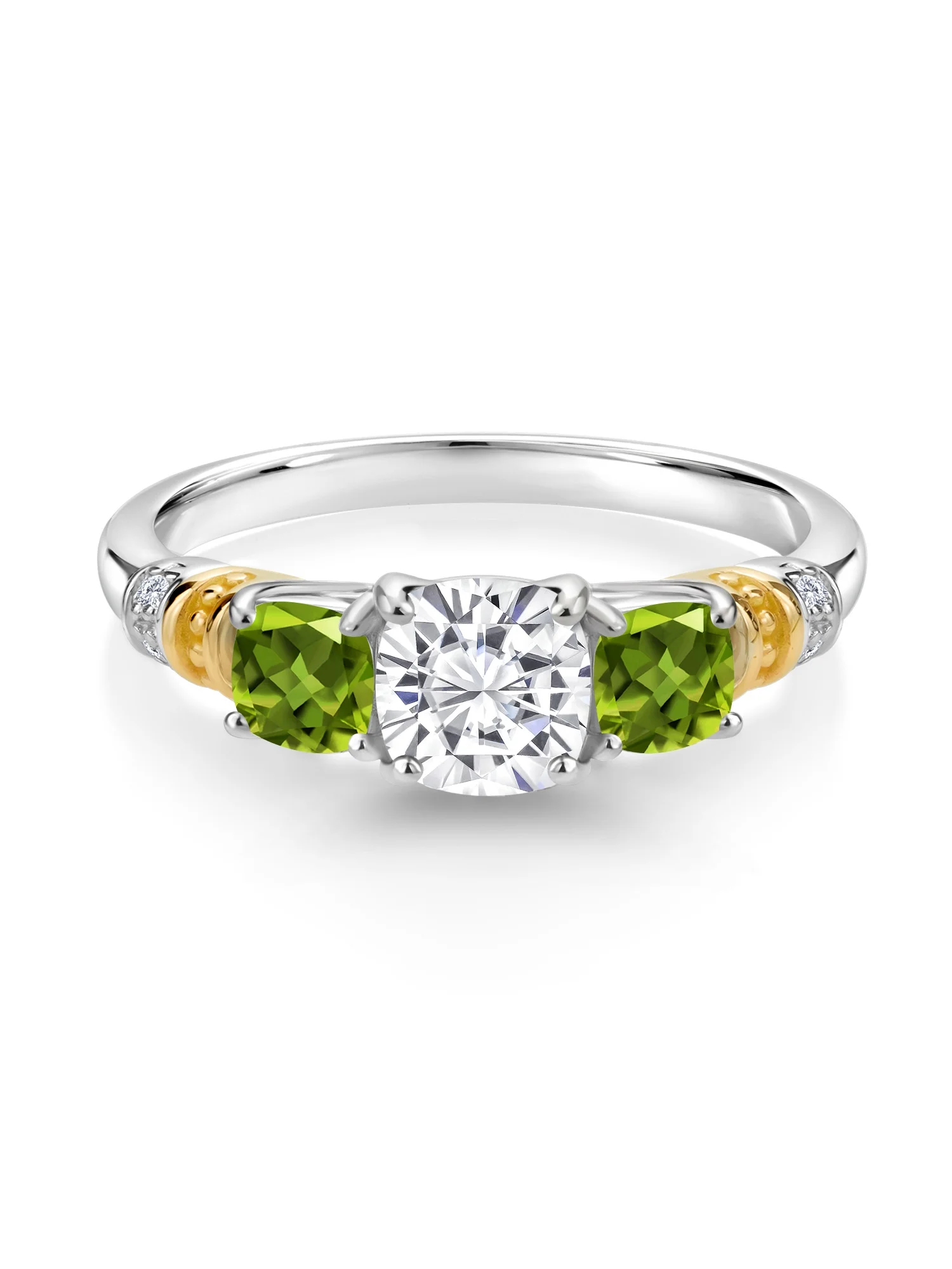 Gem Stone King 925 Silver and 10K Yellow Gold Black Onyx and Green Peridot and Diamond 3-Stone Ring For Women (1.60 Cttw, Gemstone December Birthstone, Cushion Checkerboard 6MM and 4MM, Size 8)