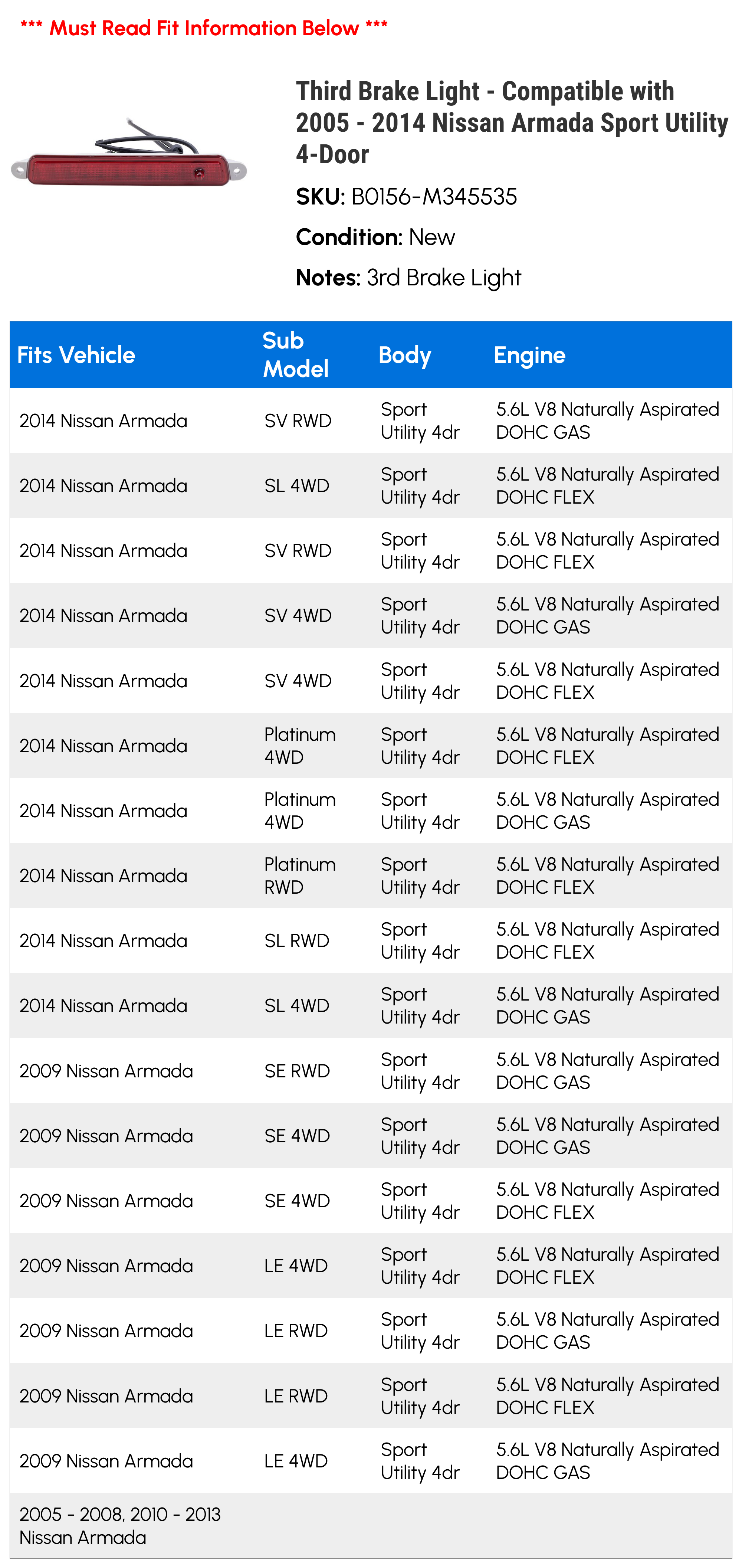 Third Brake Light - Compatible with 2005 - 2014 Nissan Armada Sport Utility 4-Door 2006 2007 2008 2009 2010 2011 2012 2013