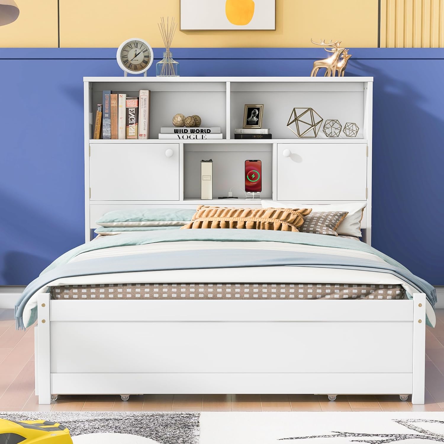 Full Bed Frame With Bookcase Headboard Ad 4 Drawers, Wood Full Size Platform Bed With Chargig Statio For Kids Tees Adults, o Box Sprig eeded, White