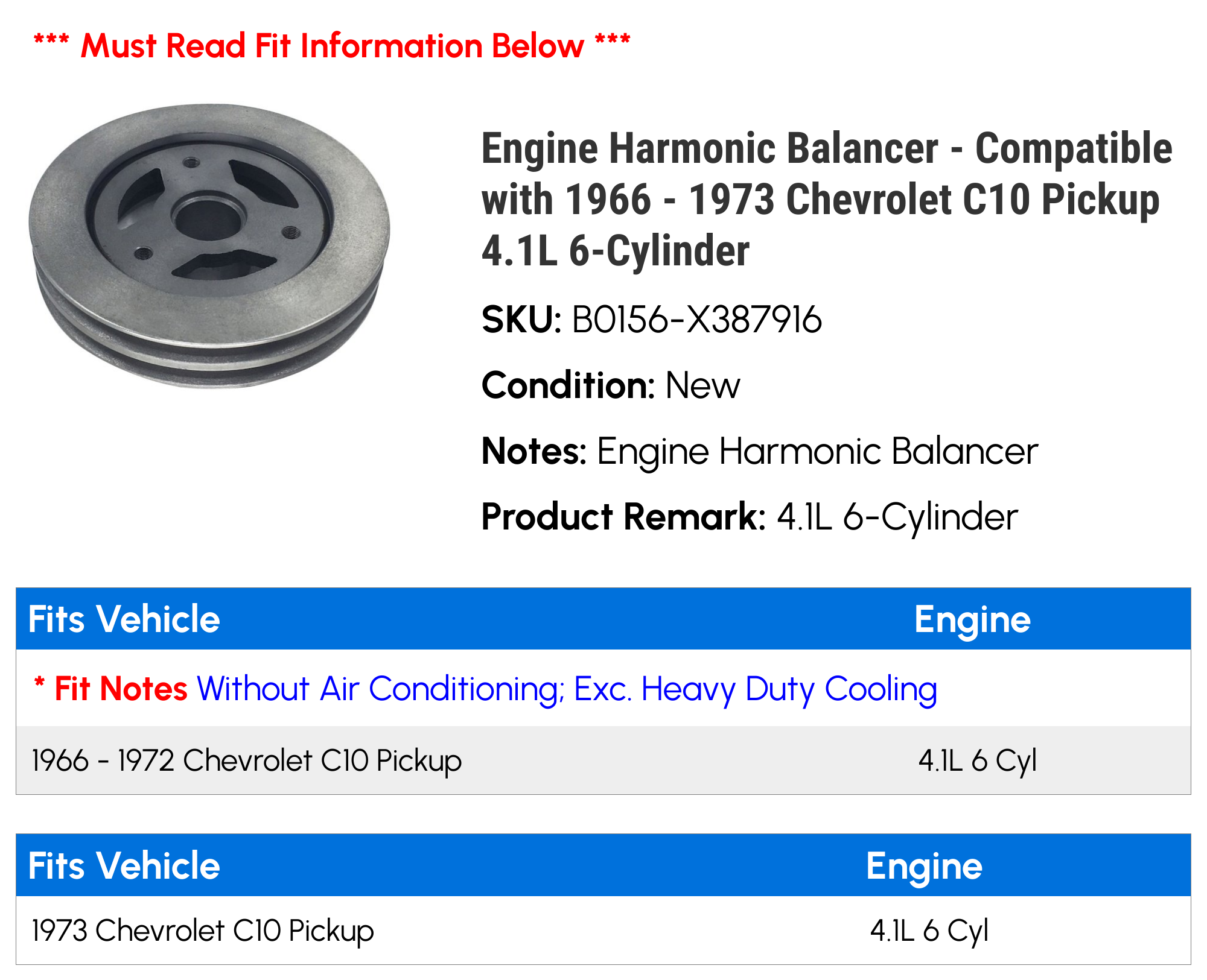 Engine Harmonic Balancer - Compatible with 1966 - 1973 Chevy C10 Pickup 4.1L 6-Cylinder 1967 1968 1969 1970 1971 1972