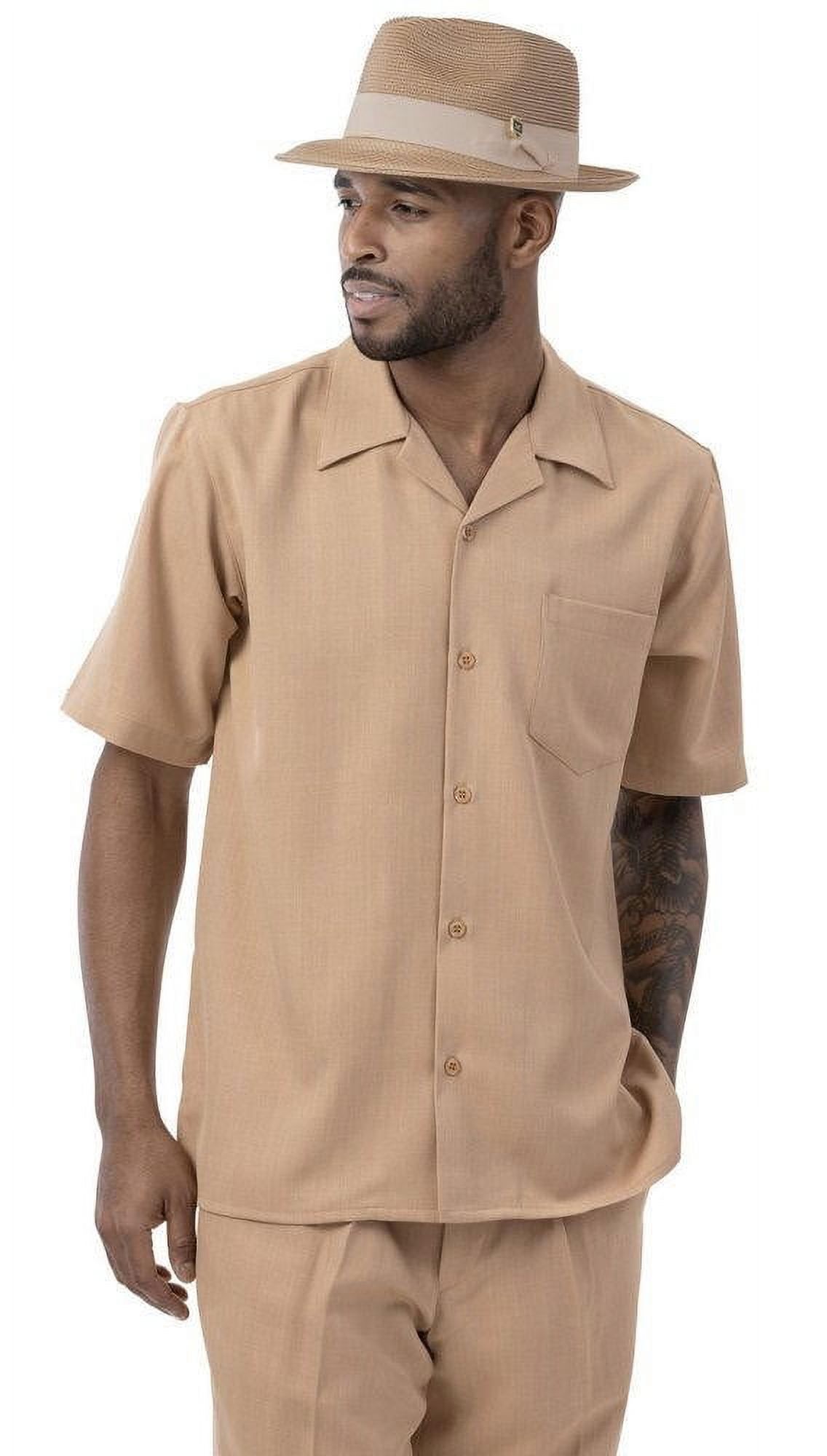 Montique Mens Pants Set Short Sleeve Tan Summer Walking Suit 696