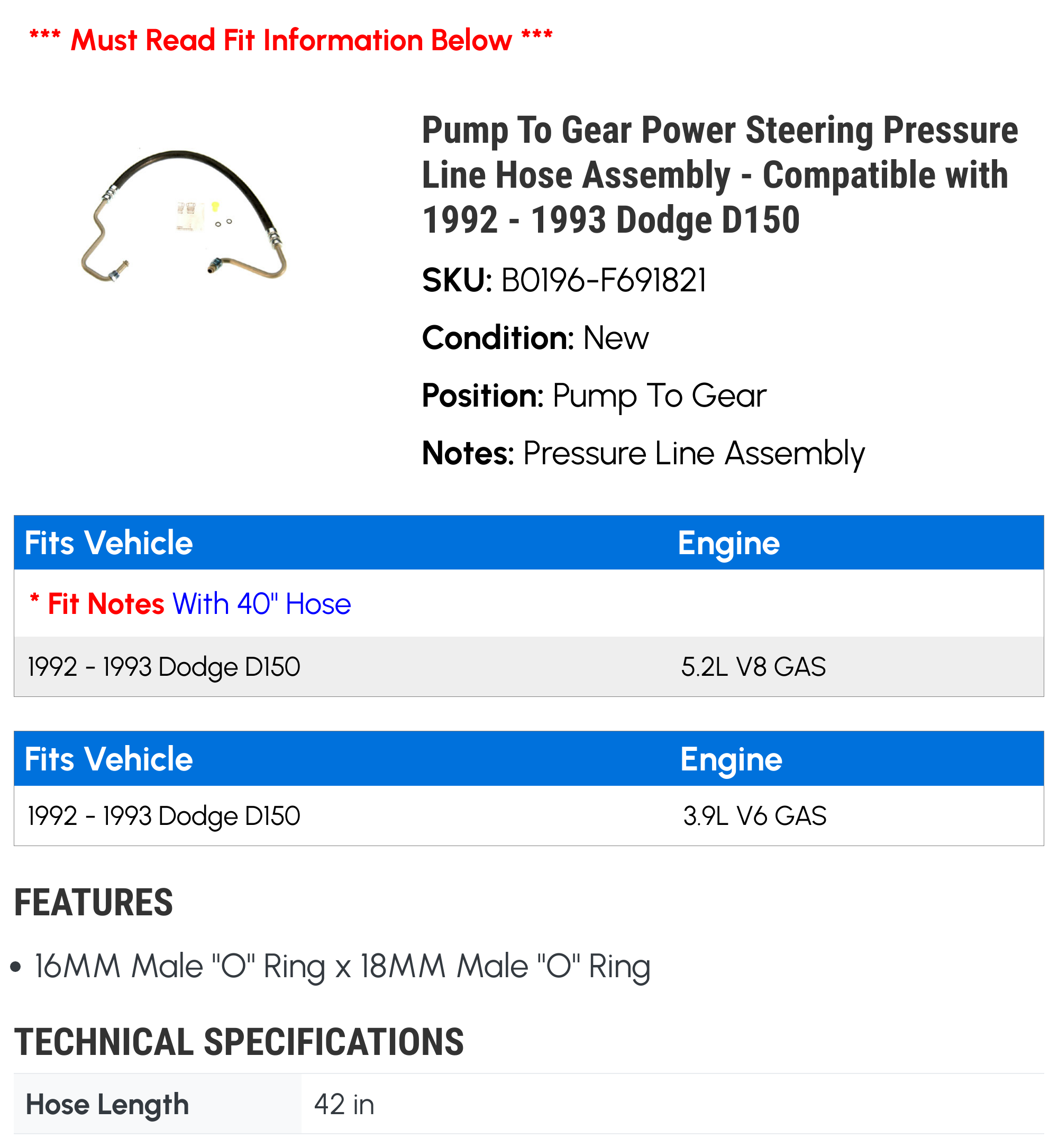 Pump To Gear Power Steering Pressure Line Hose Assembly - Compatible with 1992 - 1993 Dodge D150