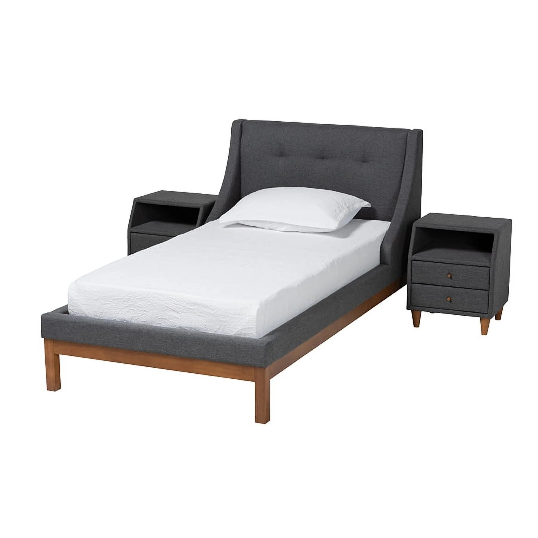 Baxton Studio Louvain Mid-Century Modern Transitional Dark Grey Fabric Upholstered Twin Size 3-Piece Bedroom Set