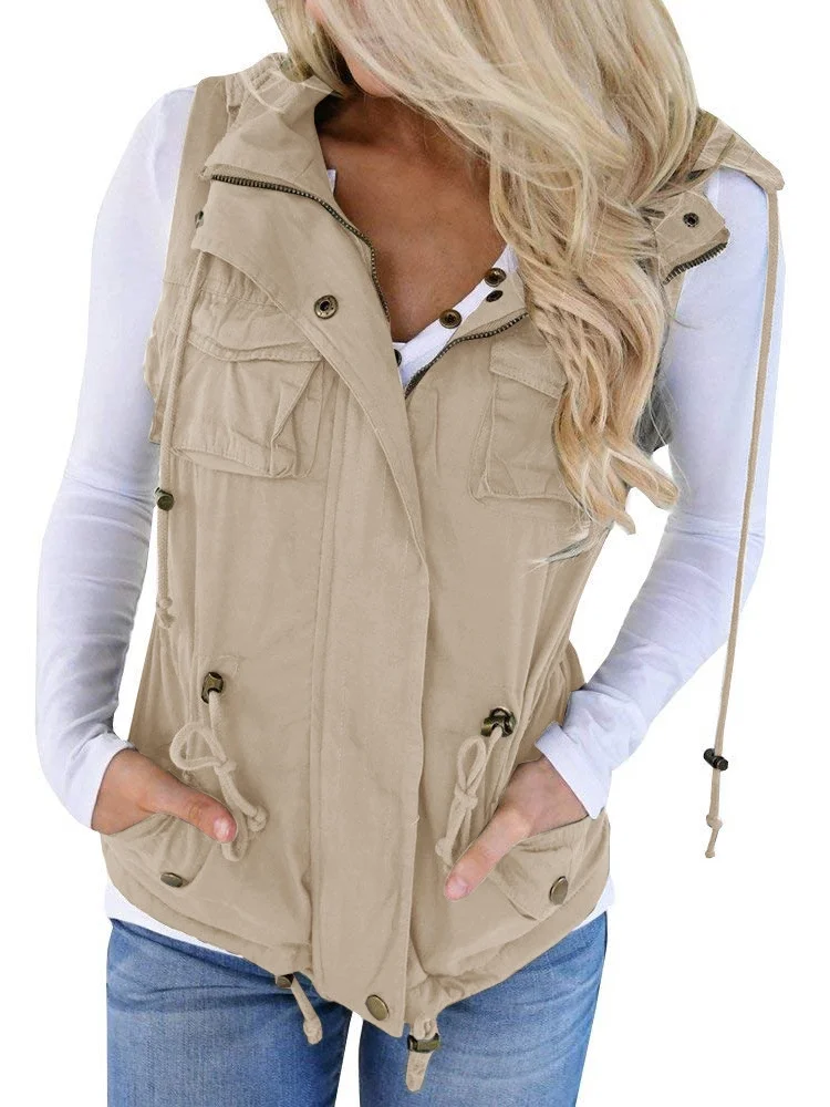 Womens Military Camo Vest Utility Lightweight Sleeveless Hooded Drawstring Jackets With Pockets