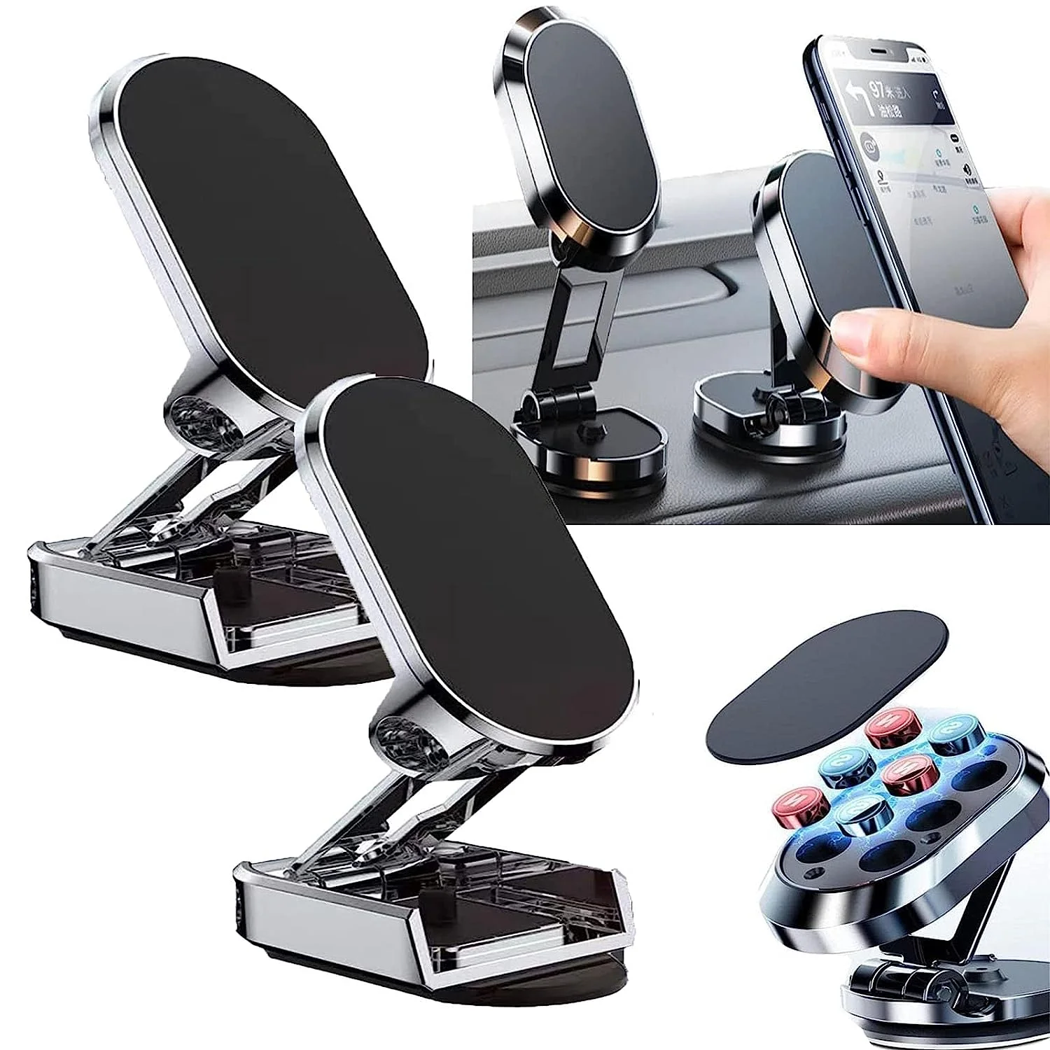 2023 NEW Rippoco Phone Holder,Rippoco Alloy Folding Magnetic Car Phone Holder,Goodnessk Car Phone Holder,Nitte Metal Folding Car Phone Holder,Rippoco Phone Mount (2Silver)