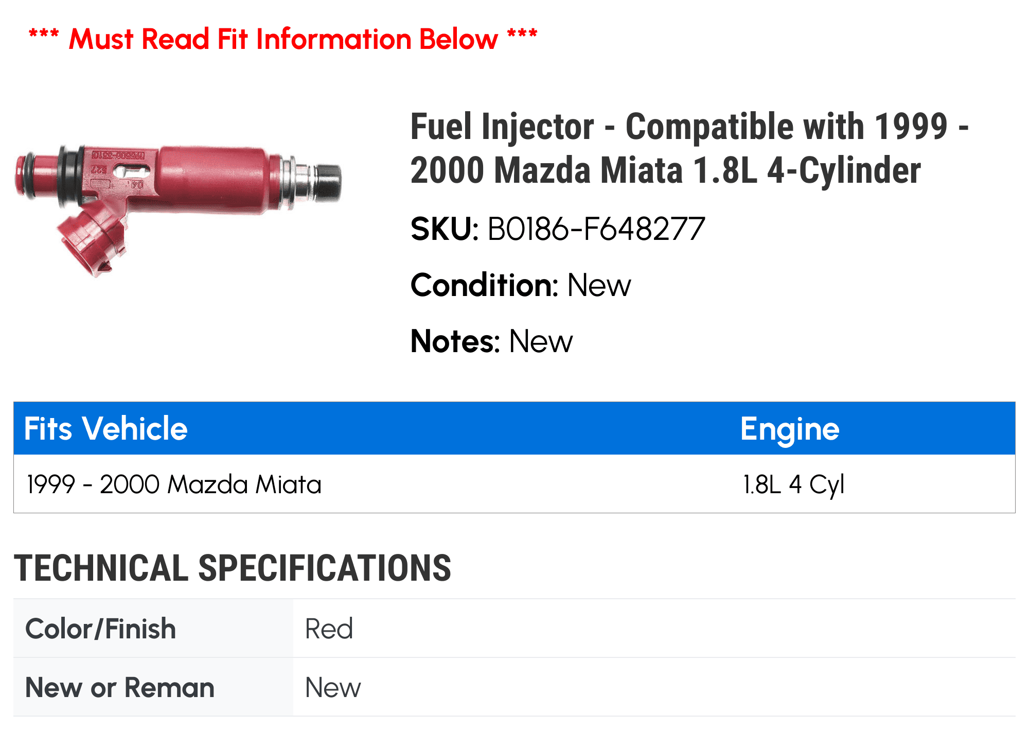 Fuel Injector - Compatible with 1999 - 2000 Mazda Miata 1.8L 4-Cylinder
