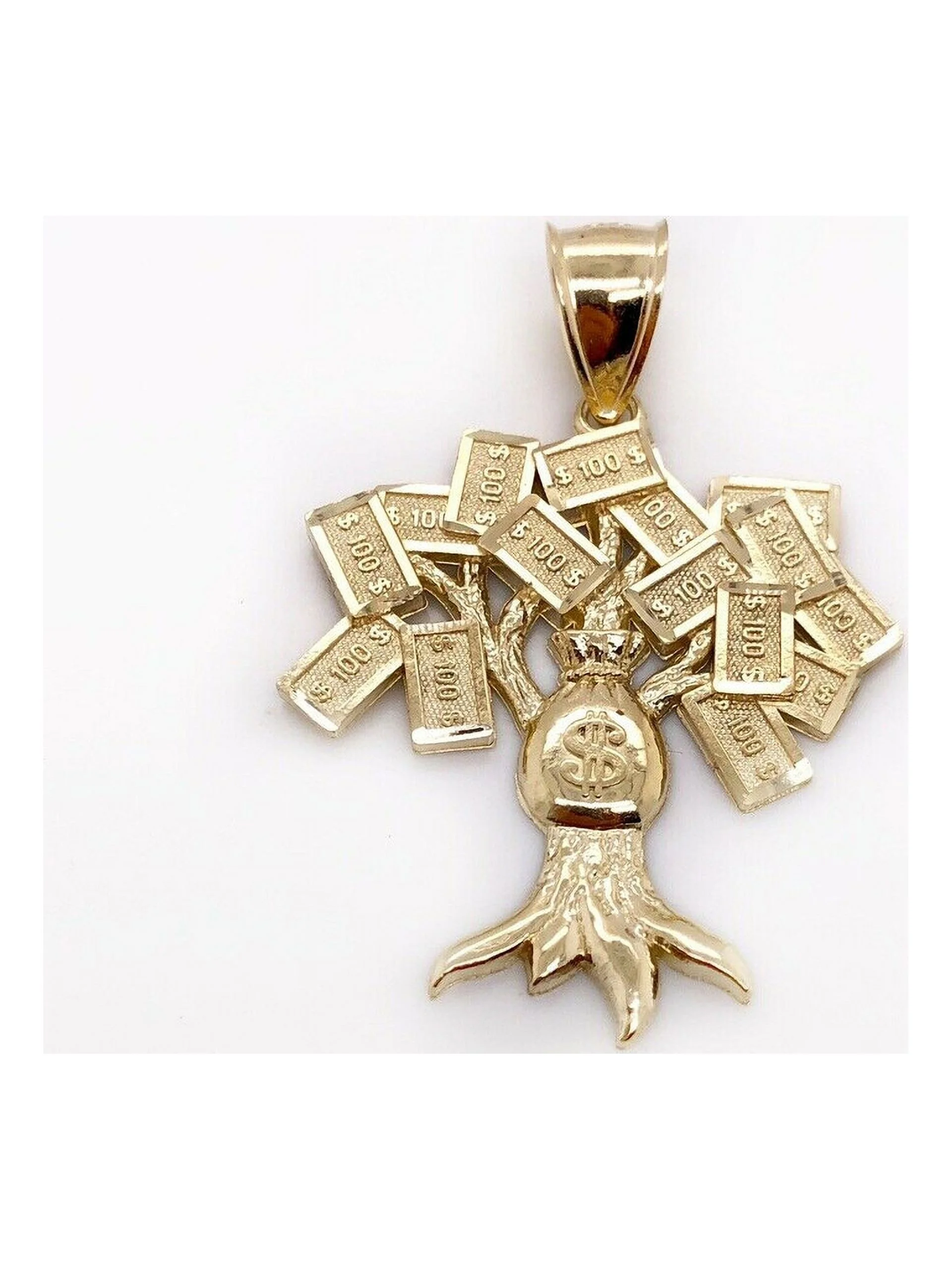 10K Yellow Gold Diamond Cut $100 Lucky Money Bag Tree Dollar Pendant 3.8 Gr Mens