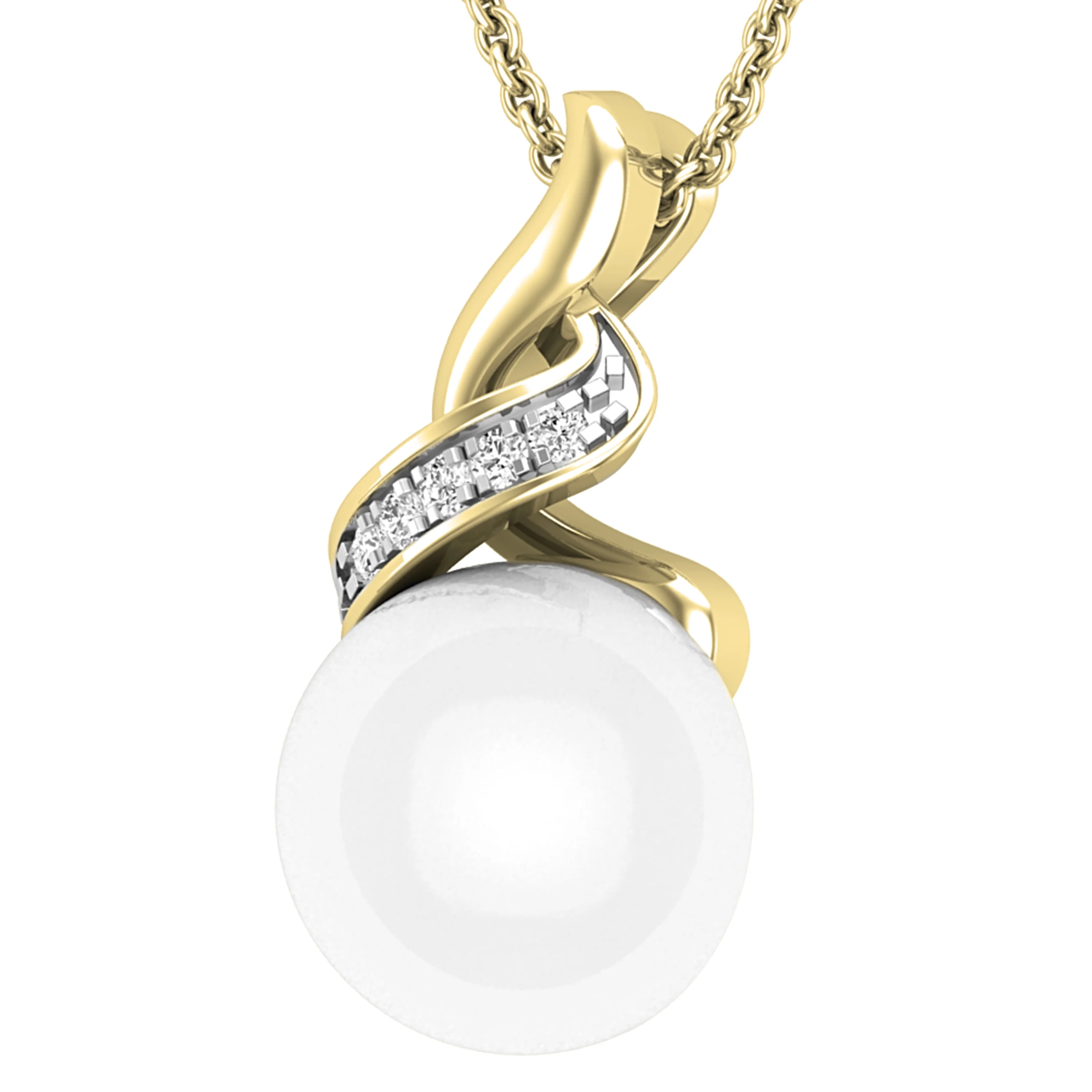 Dazzlingrock Collection Round 9mm Cultured Freshwater Pearl & White Diamond Accent Crossover Pendant for Women with 18 Inch Gold Chain (0.03 ctw, Color I-J, Clarity I2-I3) in 10K Yellow Gold