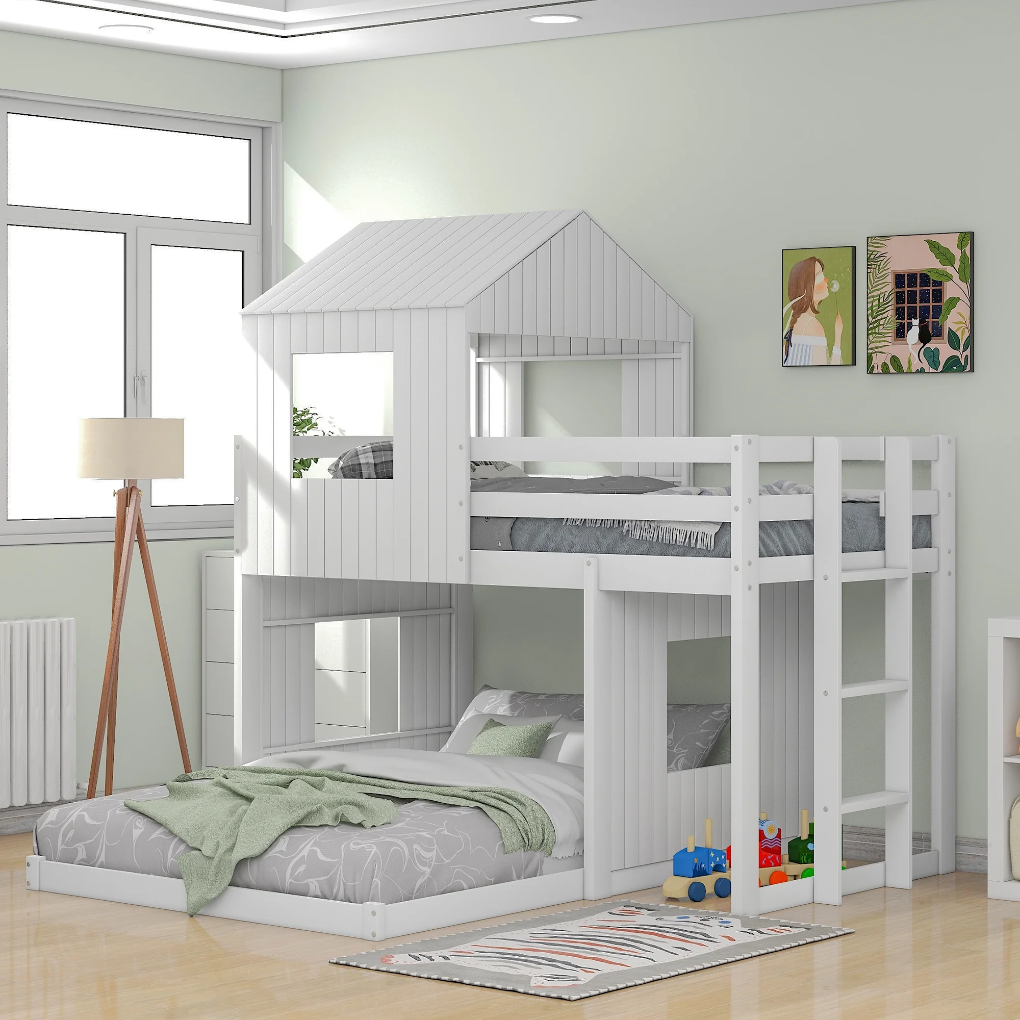 White Wooden Twin Over Full Bunk Bed with Playhouse, Farmhouse, Ladder and Guardrails