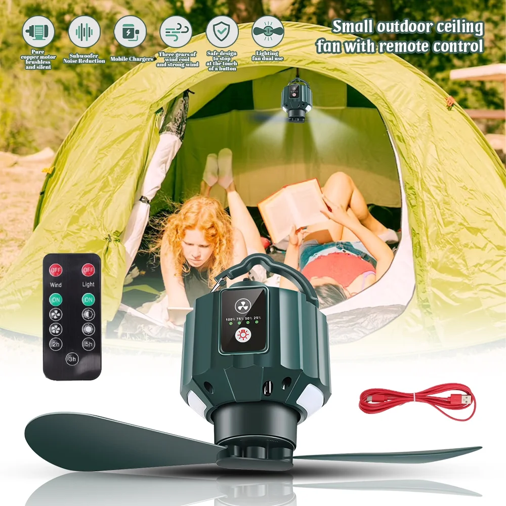 Tent Camping Ceiling Fans for Camping, Portable Tent Fans with Light and Remote Control, Power Bank, USB Battery Operated Camping Fan with Hanging Hook for Canopy Tent, RV