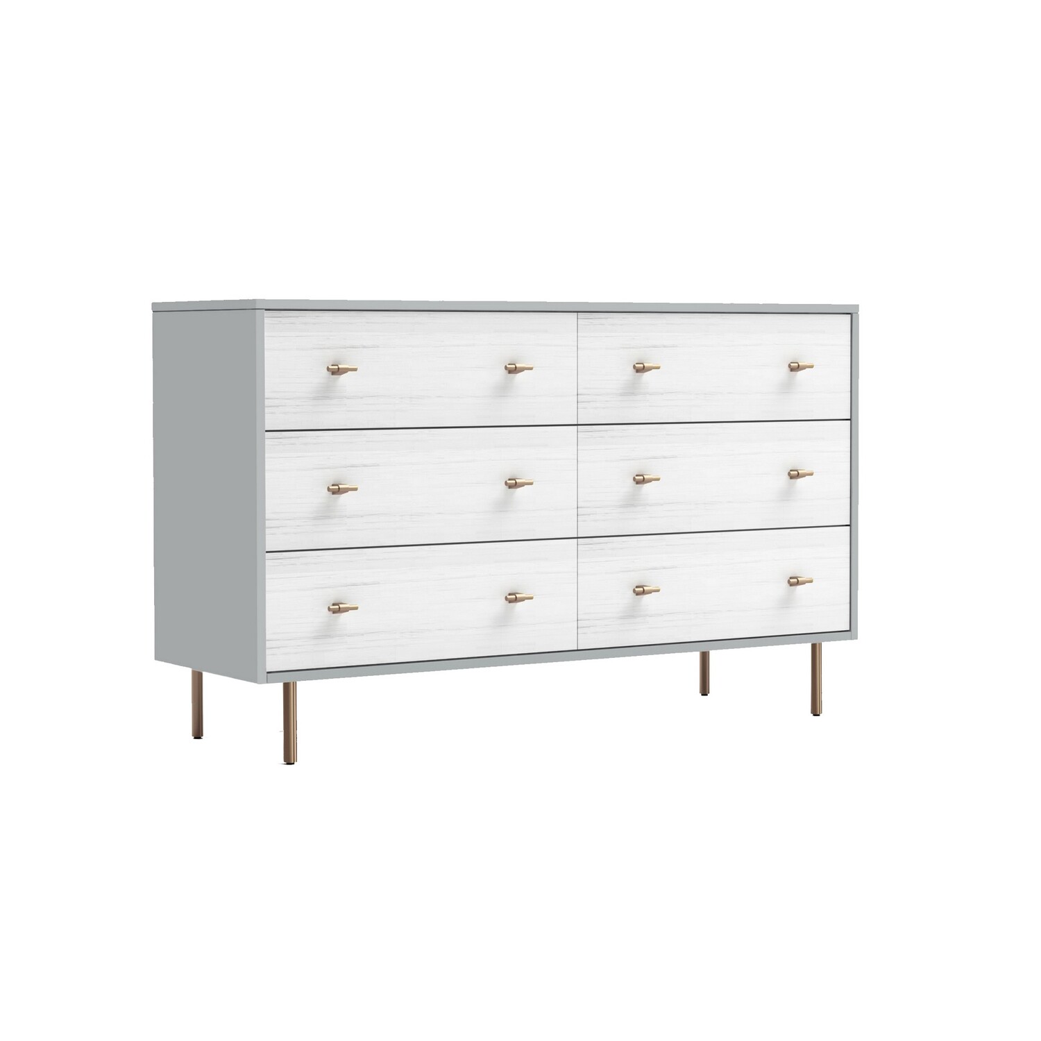 Benjara Dap 56 Inch 6 Drawer Dresser, Sleek Satin Gold Handles, White and Gray