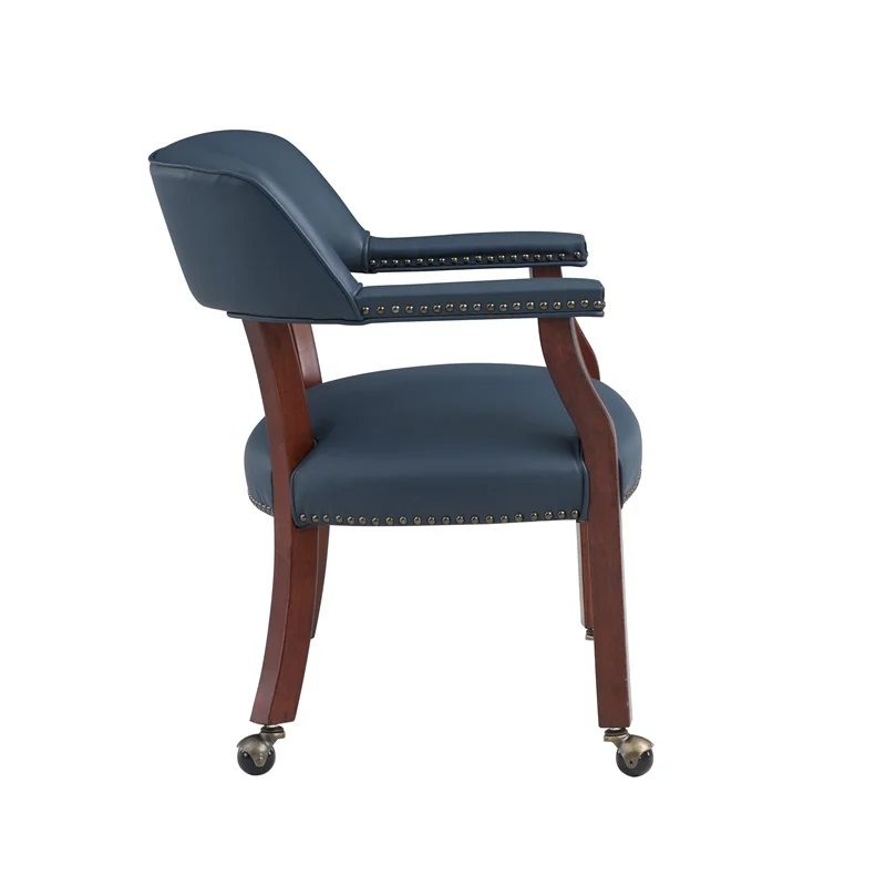 Home Square Faux Leather Caster Game Chair in Navy Blue Finish - Set of 4