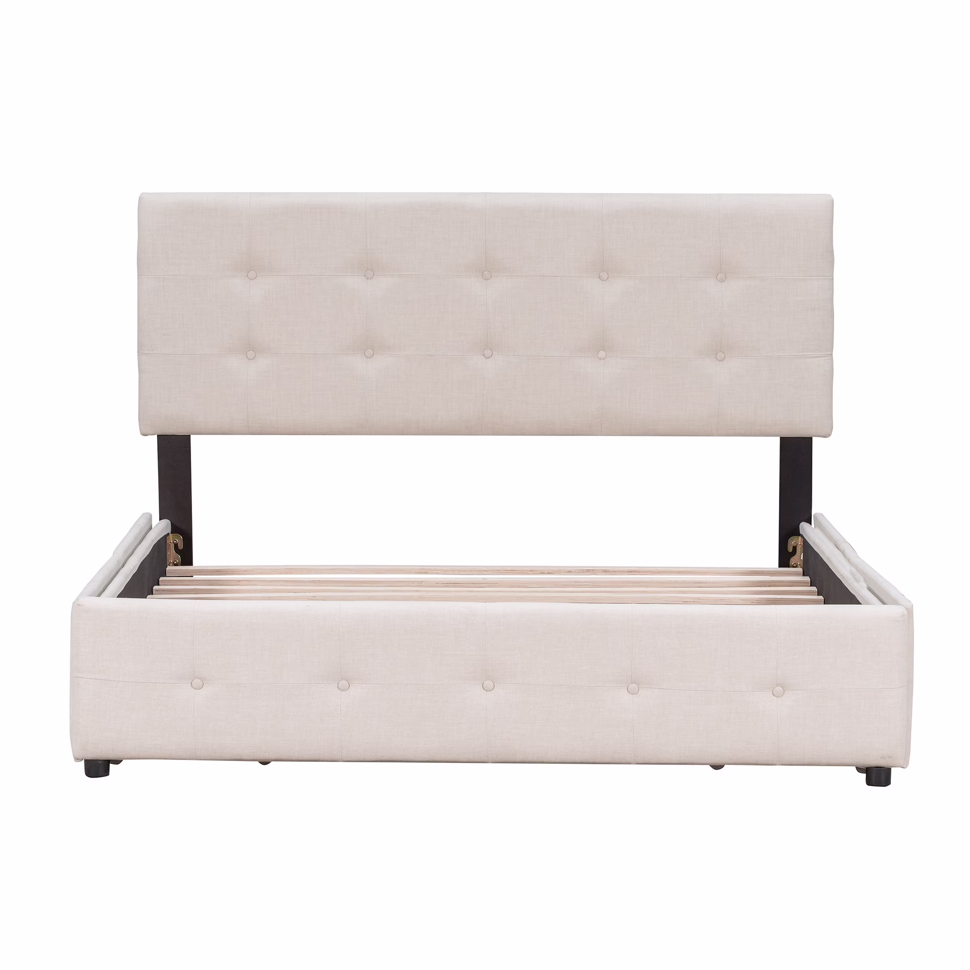 Queen Size Linen Fabric Upholstered Platform Bed with Tufted Headboard, 4 Side Drawers, and Solid Wood Slats Beige
