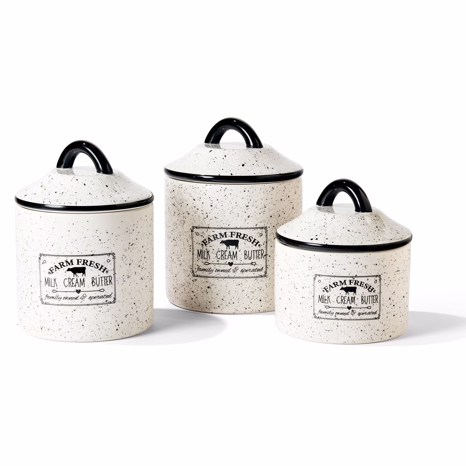 American Atelier, Round, White Ceramic Kitchen Canisters with Lids (Farm Fresh), Set of 3