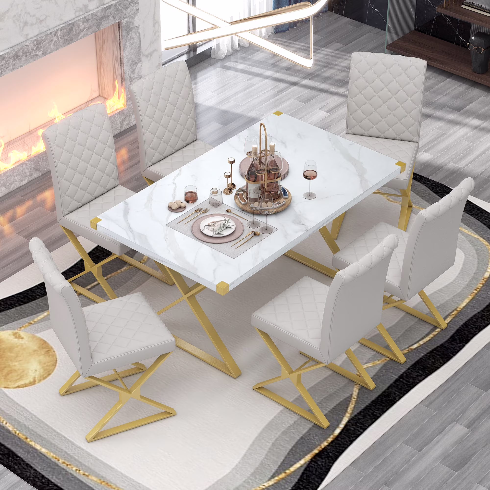 Modern 7 Piece Dining Set Kitchen Table Set with Rectangular Marble Texture Table, Table Set with Gold Steel Pipe Legs and PU leather Chairs for 6 Persons Dining Room Table Set