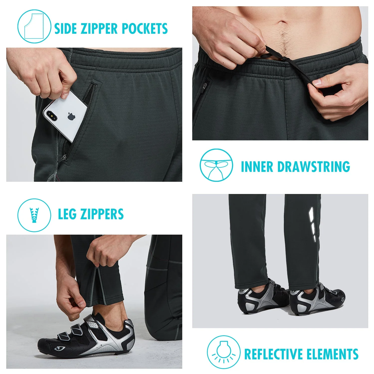 BALEAF Men's Winter Cycling Pants Cold Weather Running Gear Thermal Mountain Bike Apparel Windproof Jogging Black M