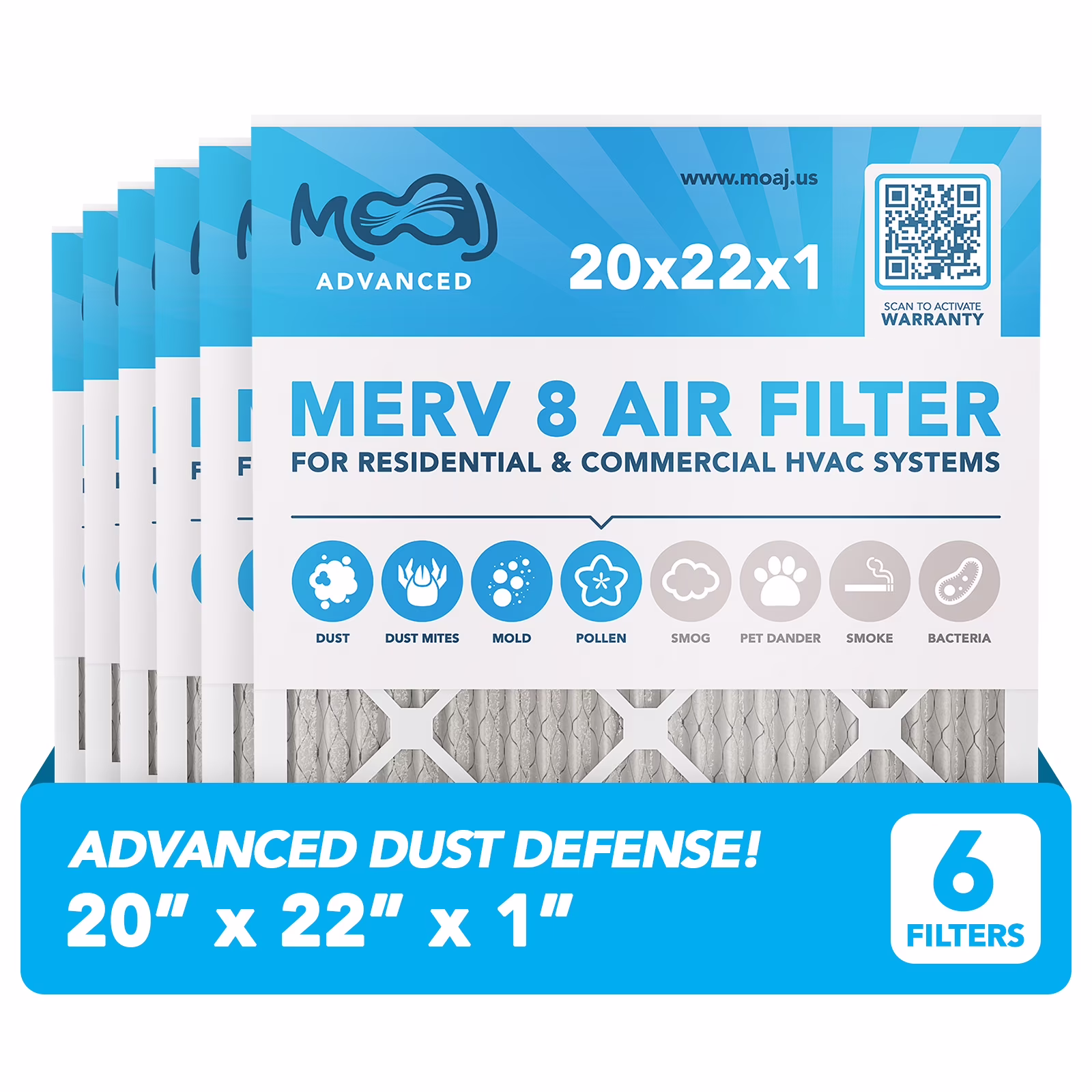 20x22x1 Air Filter (6-PACK) | MERV 8 | MOAJ Advanced Dust Defense | BASED IN USA | Quality Pleated Replacement Air Filters for AC & Furnace Applications | Actual Dimensions: 19.70