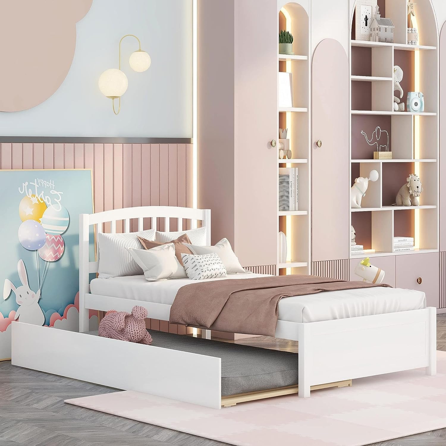Bed Frame With Trundle, Bed Frame With Headboard, Wood Platform Bed With Pull Out Trundle For Kids, Guest Room,No Box Spring Needed,White