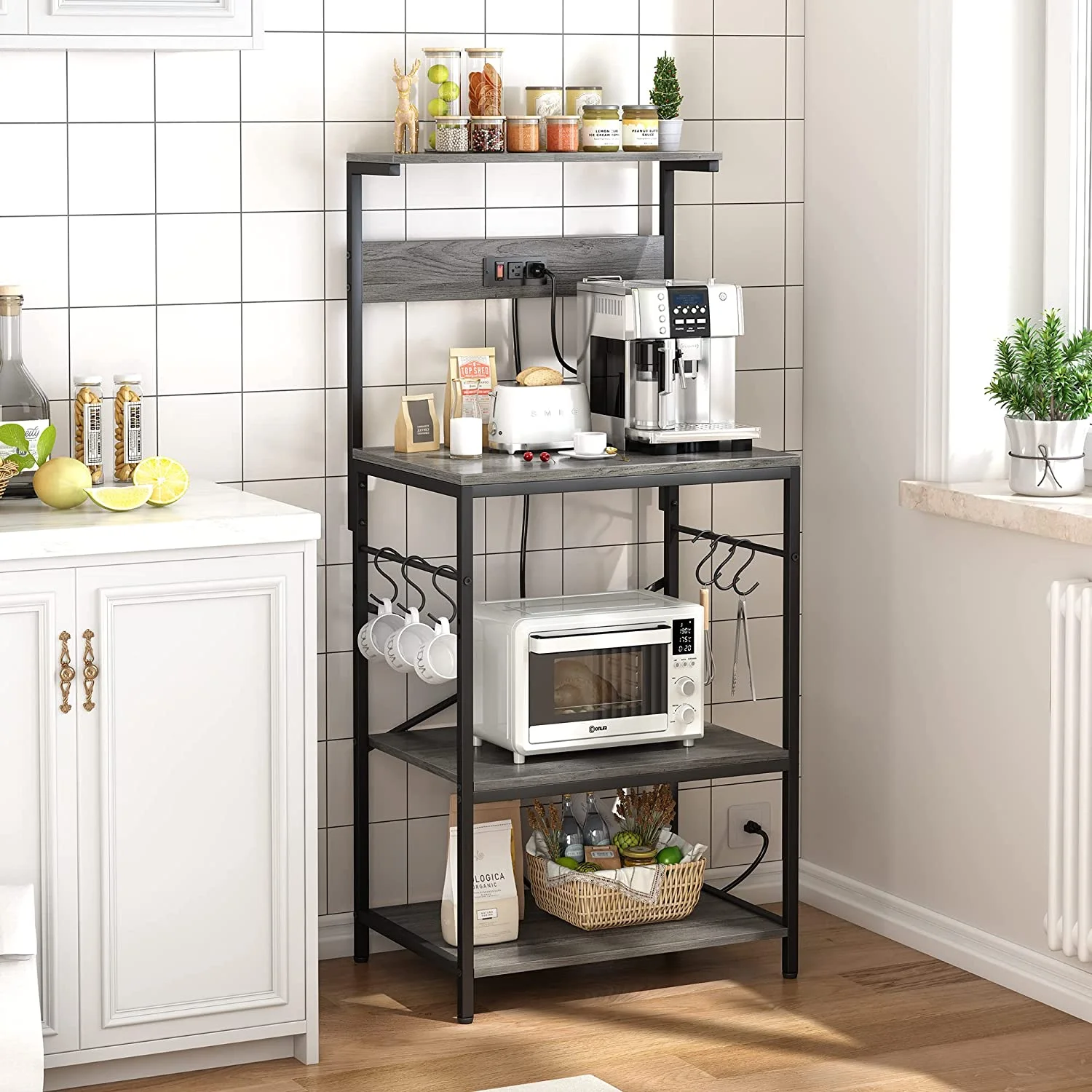 FJU Kitchen Bakers Rack with Power Outlet, Coffee Bar Table 4 Tiers, Kitchen Microwave Stand with 6 S-Shaped Hooks, Kitchen Storage Shelf Rack for Spices, Pots and Pans - Charcoal Gray