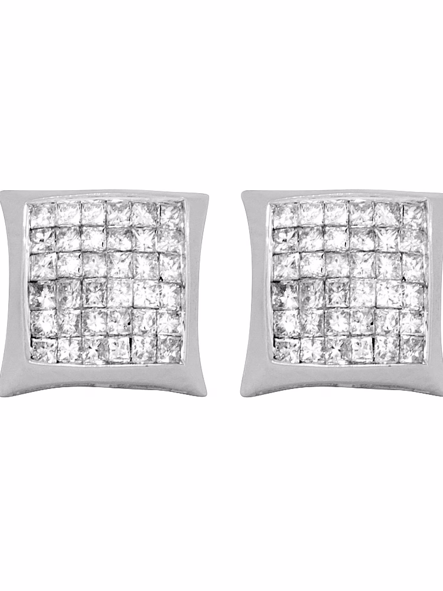 Unisex 14K White Gold Princess Invisible Diamond Kite Stud Earrings 1.50ct