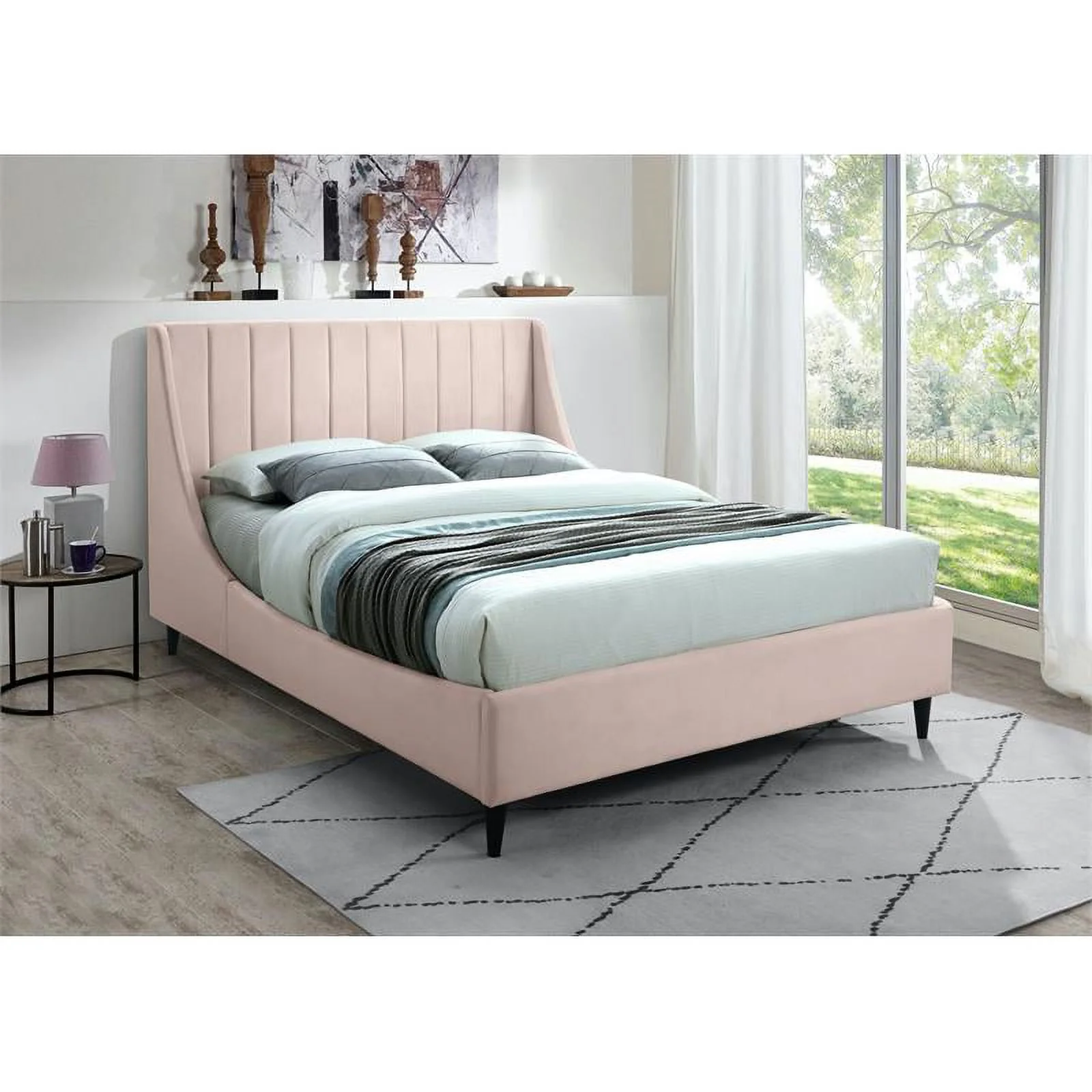 Maklaine Contemporary Pink Velvet Upholstered Full Bed