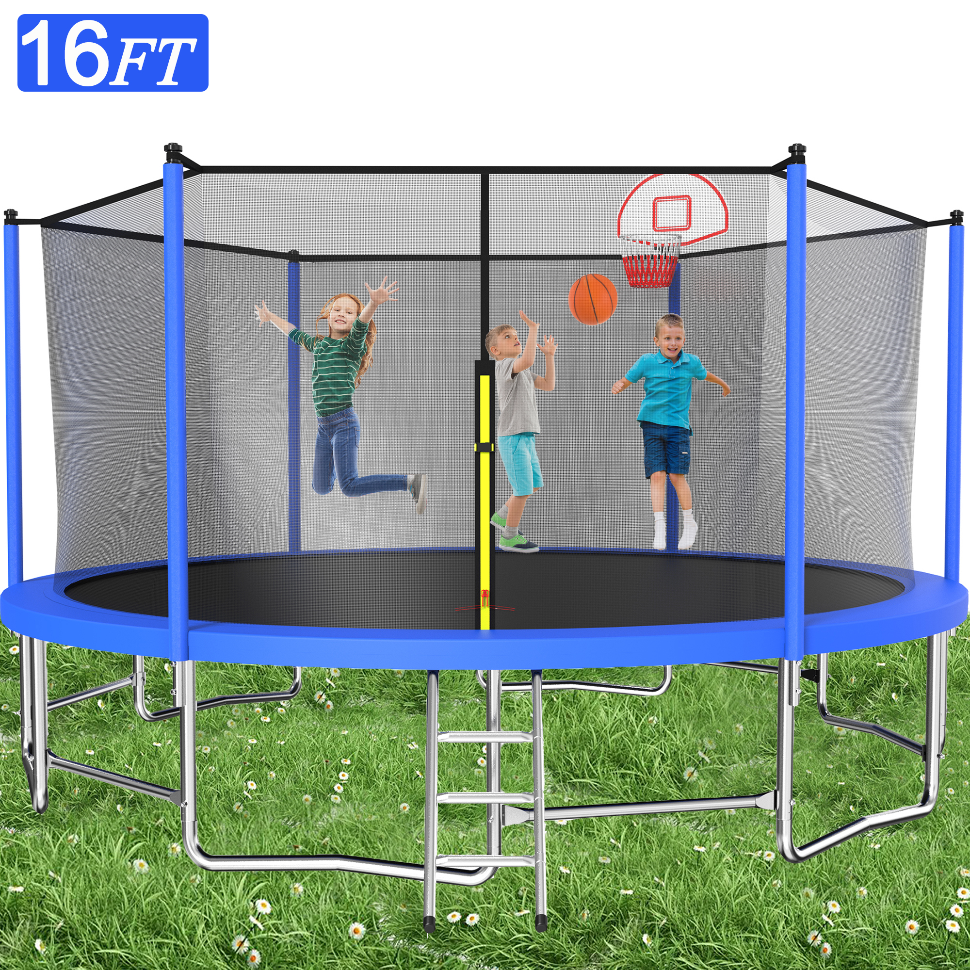 Trampoline for Kids, 16FT Large Trampoline with Enclosure & Reinforced Frame, 2-IN-1 Adults Rebounder & Basketball Hoop with Balance Bar, 1323 LBS Weight Capacity