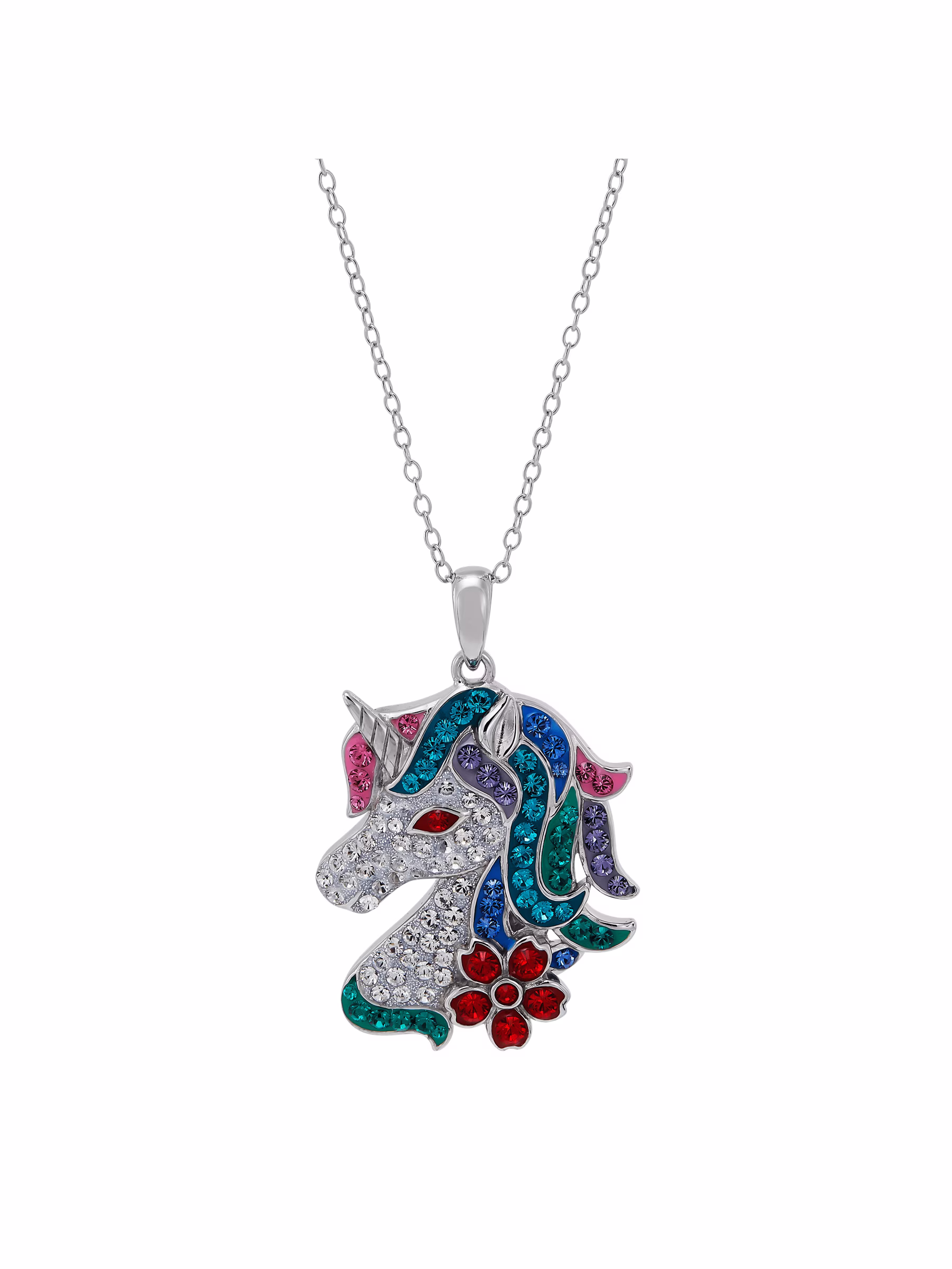 Women's Finecraft Multi-Color Crystal Unicorn Pendant Necklace in Sterling Silver, 16