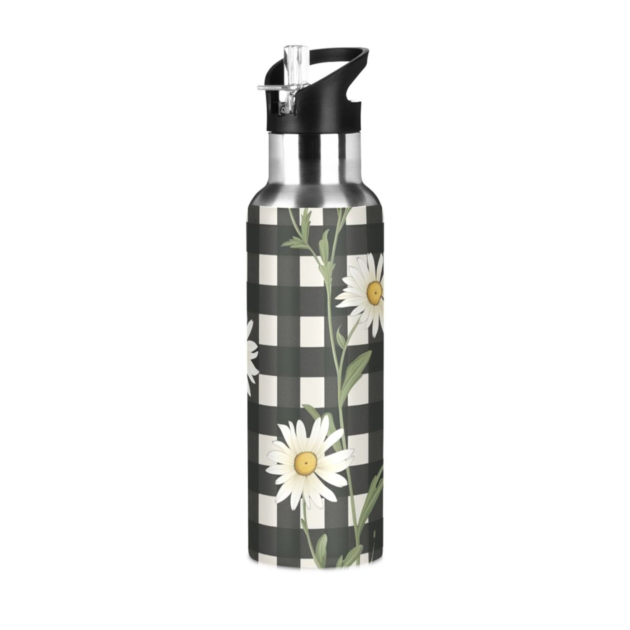 Daisy Flower and Lattice Water Bottles Insulated Thermos Kids Stainless Steel Bottle with Straw Lid Flask Leakproof for Sports Gym 20 oz