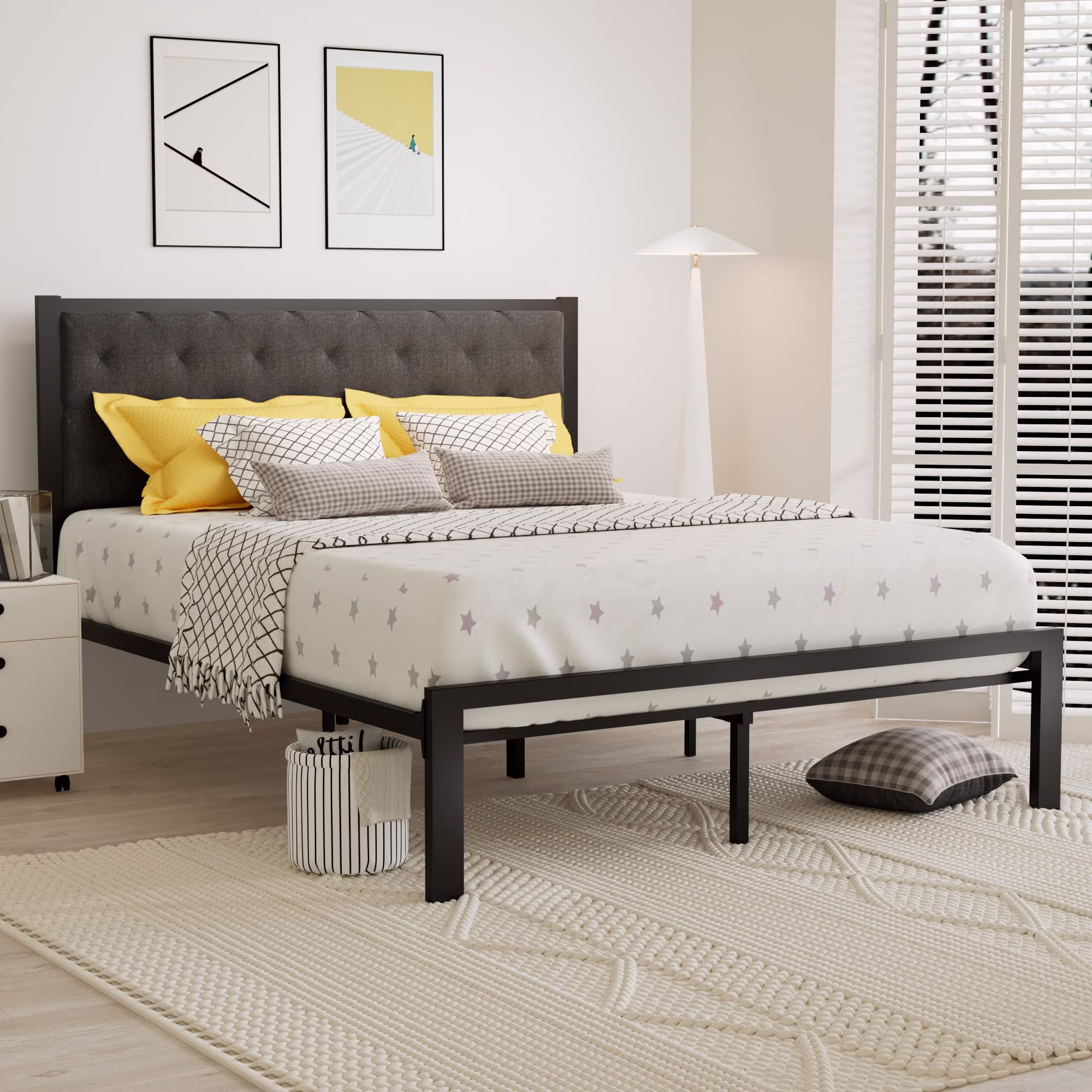 Einfach Full Size Platform Bed Frame with Button Tufted Headboard, Grey