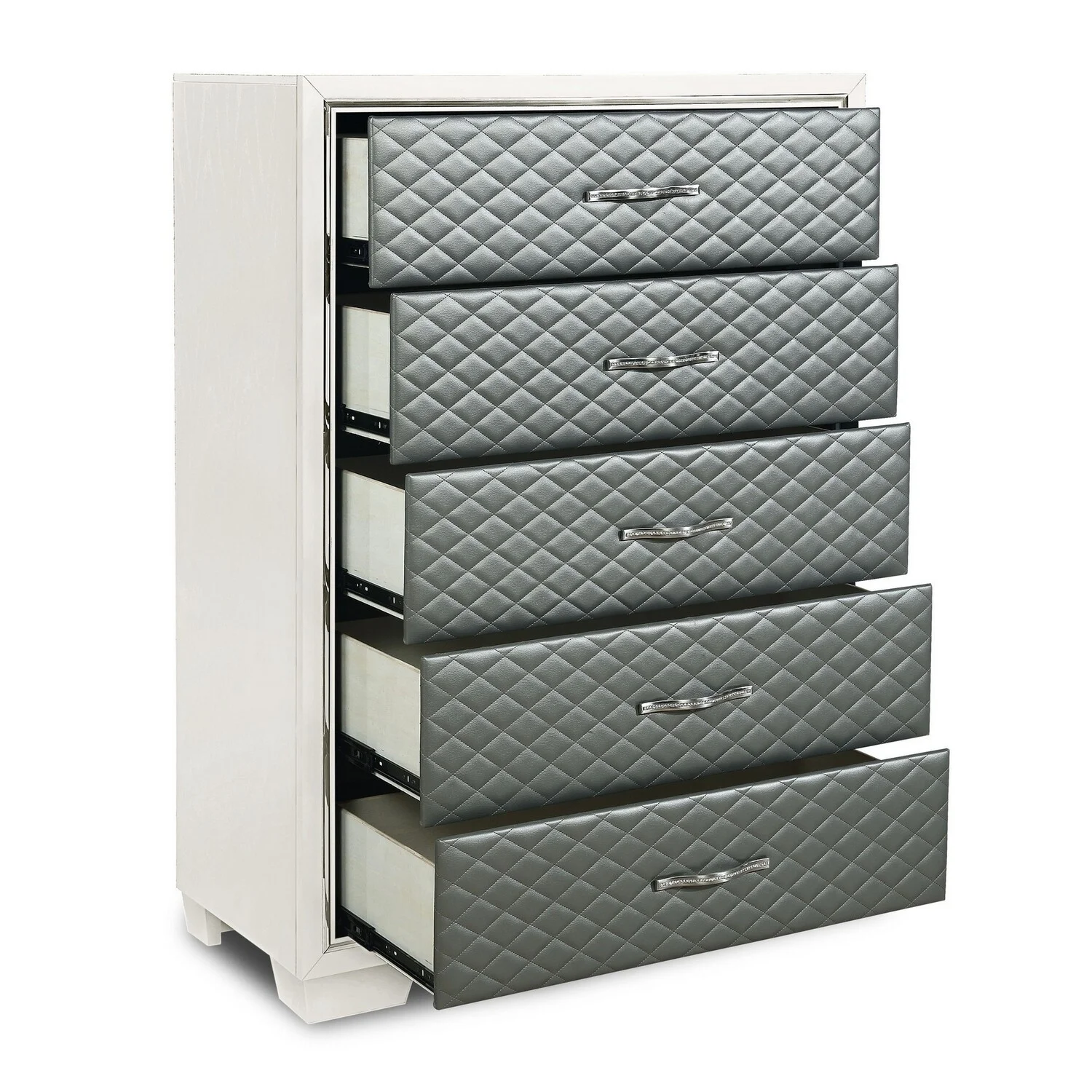 BenJara Inna 54 Inch Tall Dresser Chest, 5 Drawers, Silver Upholstery on White Wood