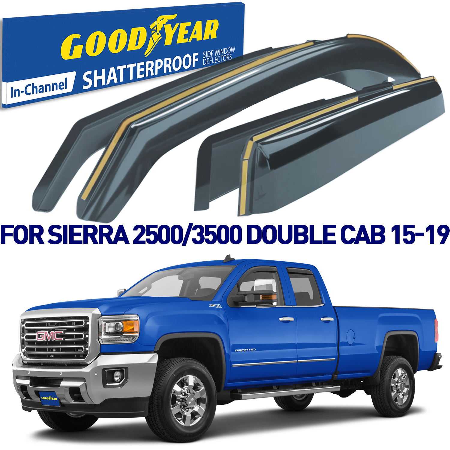Goodyear Shatterproof in-Channel Window Deflectors for Trucks GMC Sierra 2500HD/3500HD 2015-2019 Double Cab, Rain Guards, Window Visors, Vent Deflector Truck Accessories,4pcs- GY003417LPv2
