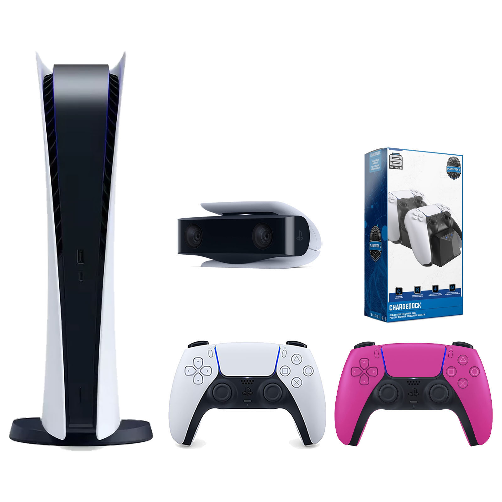 Sony Playstation 5 Digital Edition Console with Extra Pink Controller, 1080p HD Camera and Surge Dual Controller Charge Dock Bundle