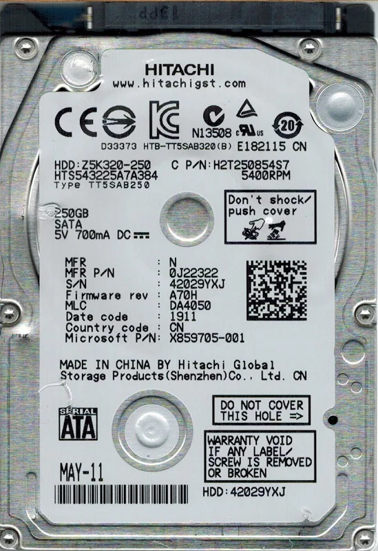 Hitachi HTS543225A7A384 P/N: 0J22322 MLC: DA4050 250GB