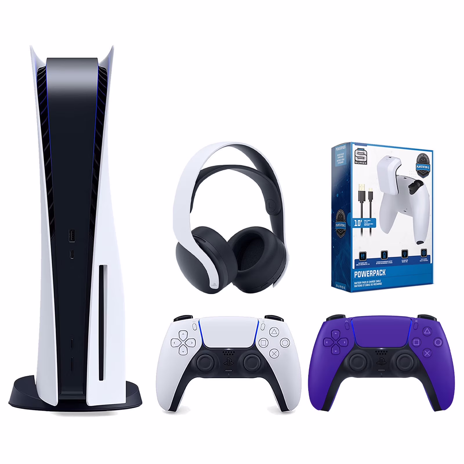Sony Playstation 5 Disc Version Console with Extra Purple Controller, White PULSE 3D Headset and Surge PowerPack Battery Pack & Charge Cable Bundle