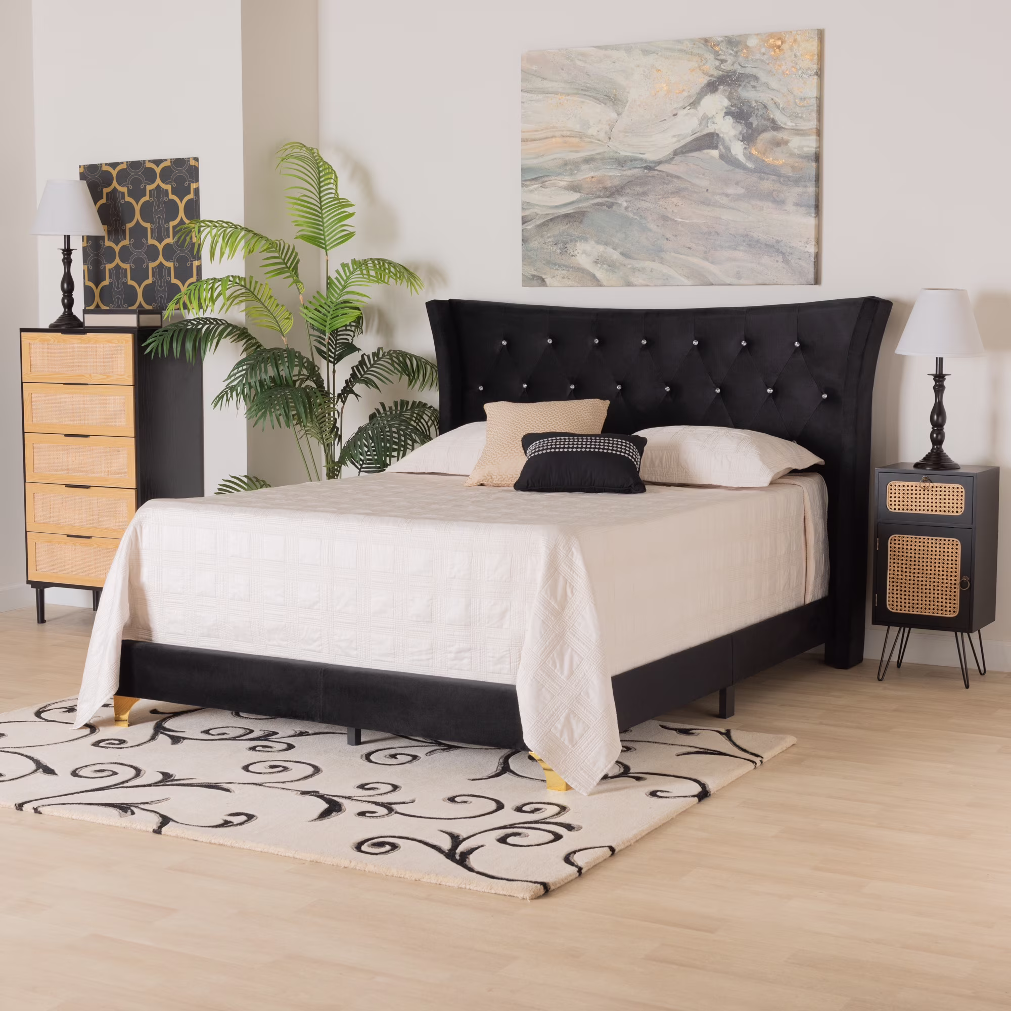Baxton Studio Easton Contemporary Glam and Luxe Black Velvet and Gold Metal Queen Size Panel Bed