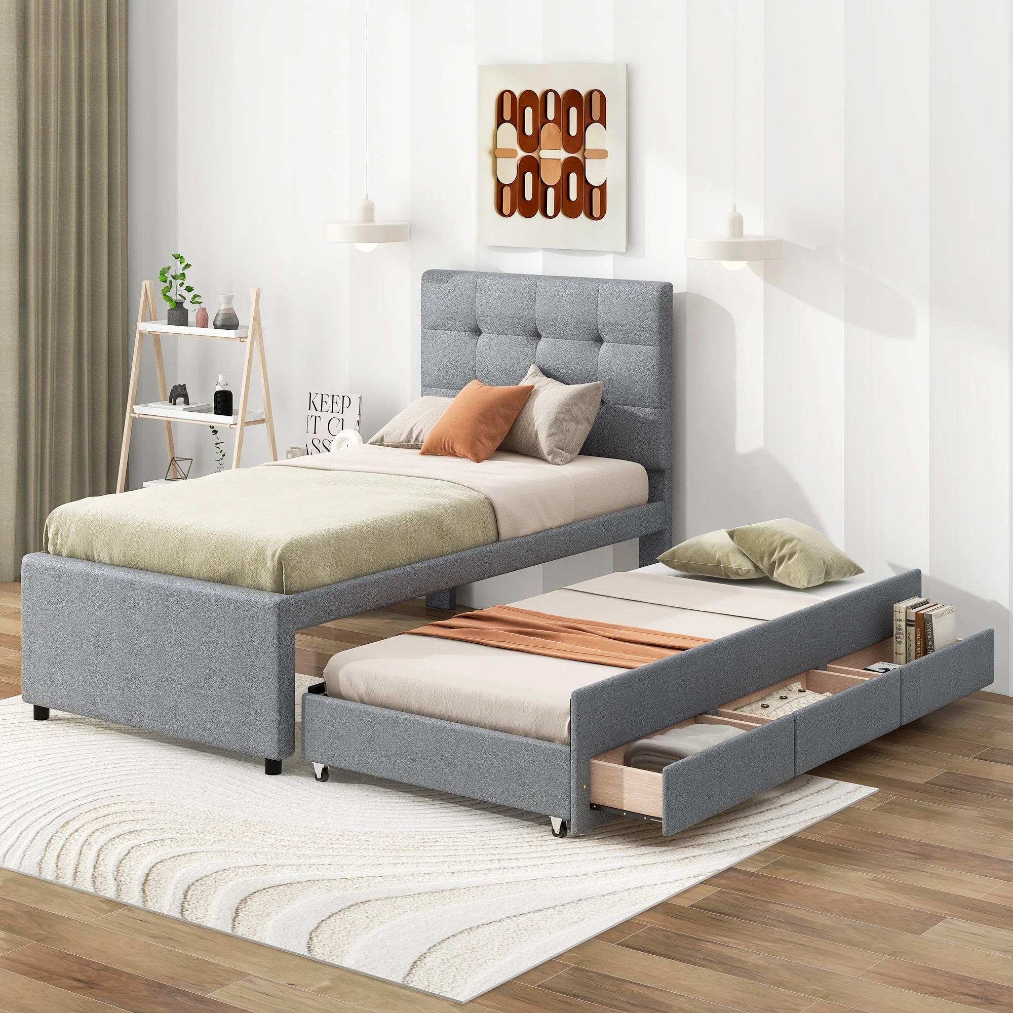 CoSoTower Twin Size Upholstered Platform Bed with Pull-Out Twin Size Trundle and 3 Drawers, Gray