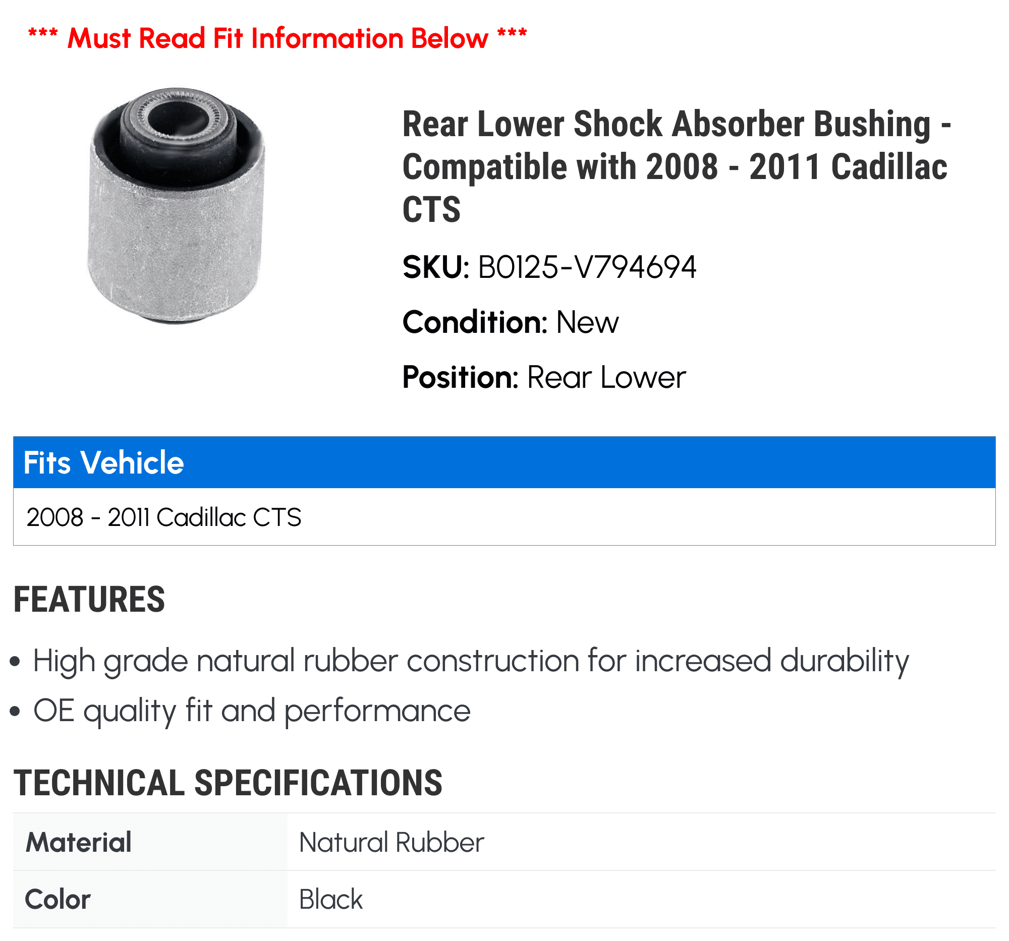 Rear Lower Shock Absorber Bushing - Compatible with 2008 - 2011 Cadillac CTS 2009 2010