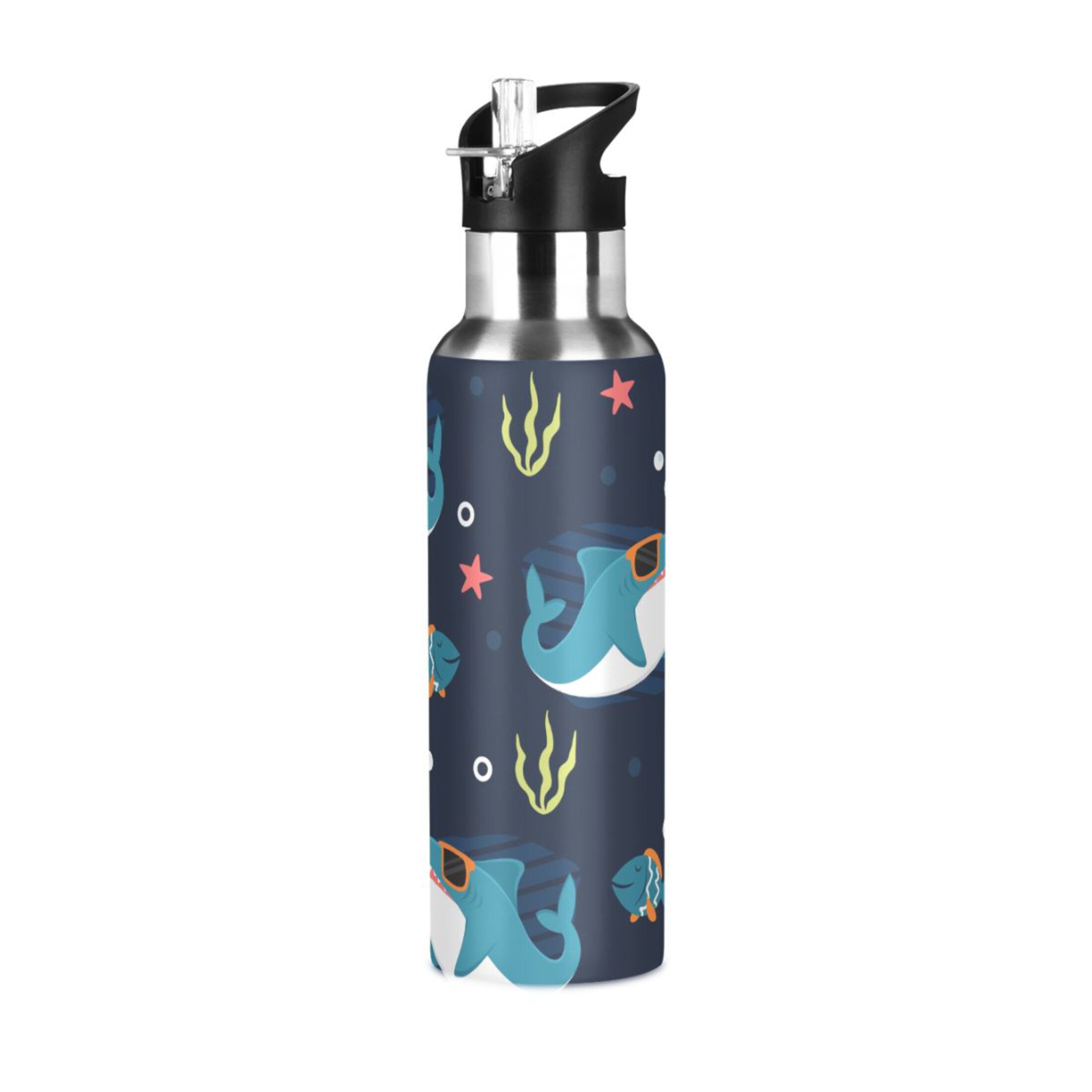Water Bottle with Straw Lid Leak Cool Shark Cartoon Stainless Steel Insulated Thermos Vacuum Flask for Cold Hot Drinking for Sports Camping Gym Yoga