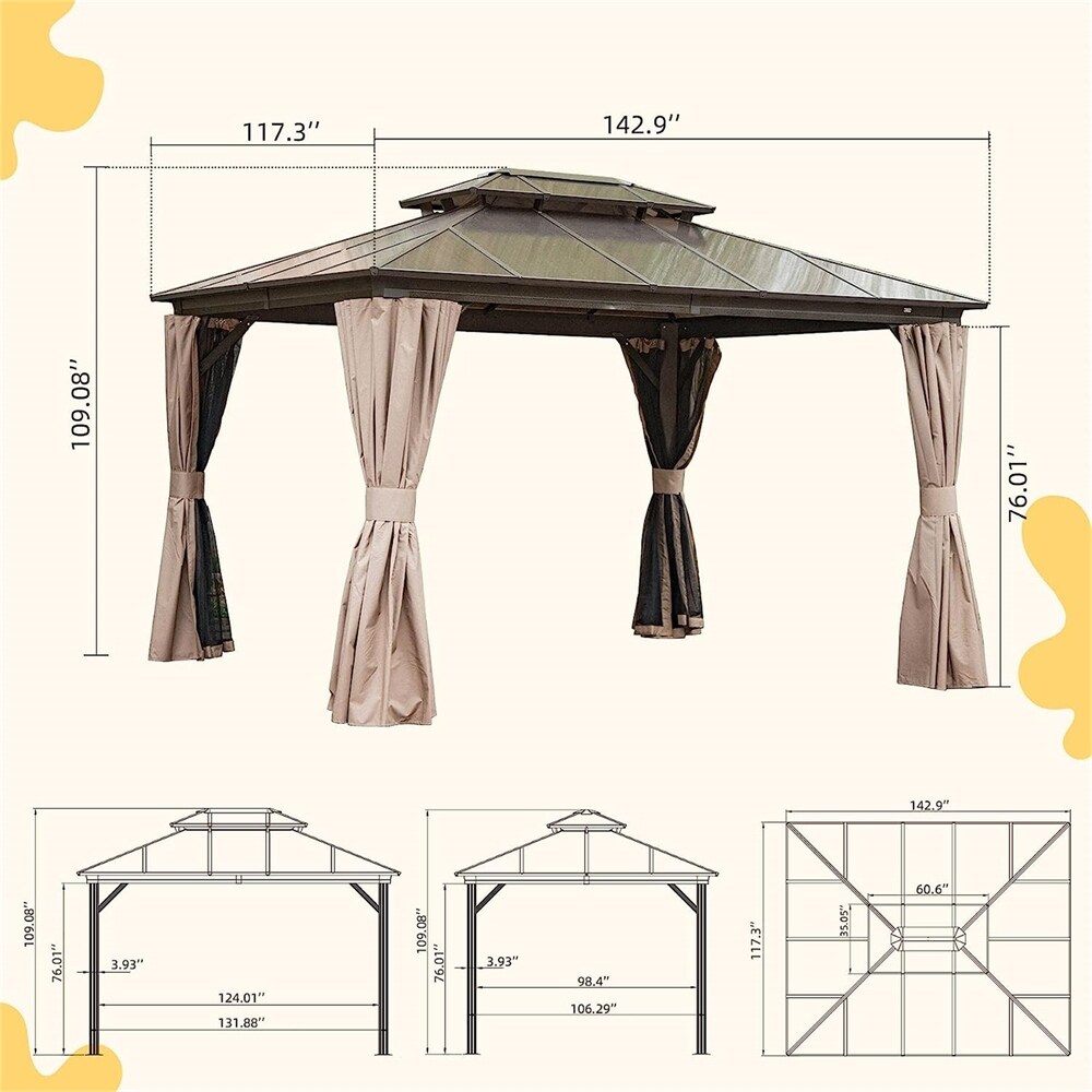 BESTCOSTY 10'x12' Outdoor Gazebo with Polycarbonate Double Roof, Curtain and Net