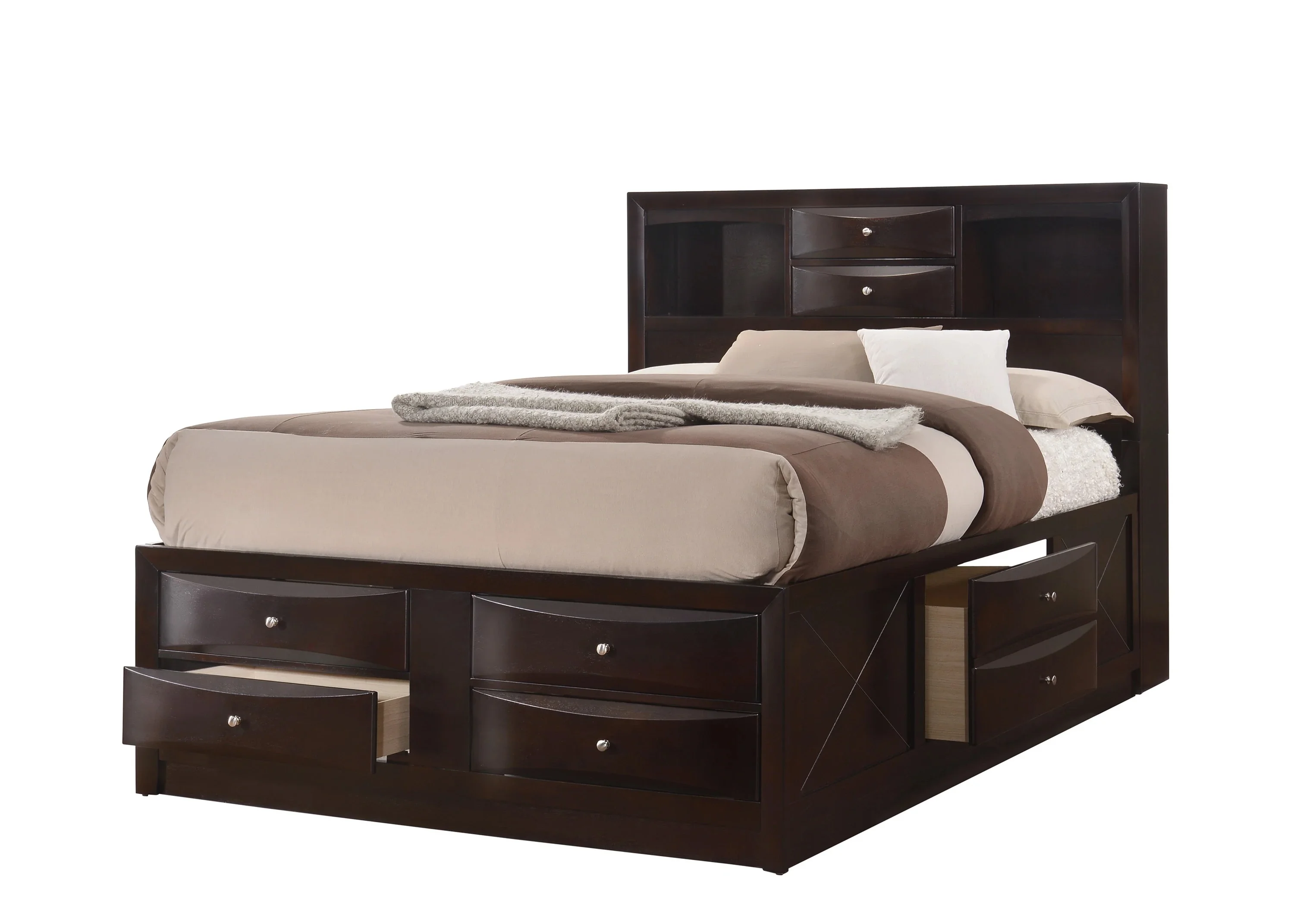 Contemporary Queen Size 5pc Captains Bed Set Storage Drawers Cherry Finish Solid Wood Bedroom Furniture