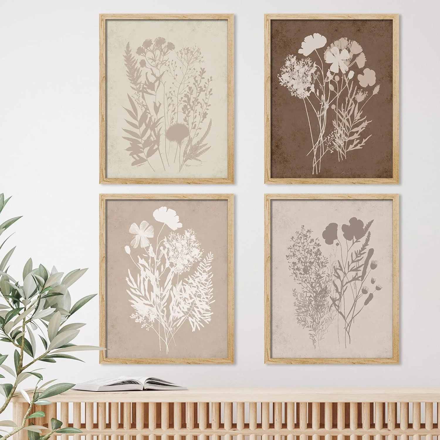 PixonSign&nbsp;Framed Grunge Forest Flower Bouquet Wall Art, Set of 4 Nature Wilderness Wall Prints, Botanical Floral Wall Décor, Wildflower Shadow Digital Modern Canvas Poster Set - 11