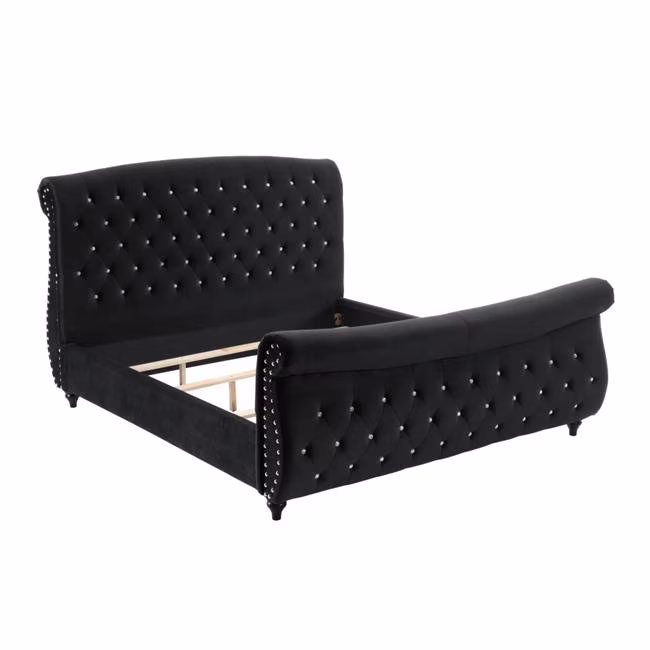 Jennifer Black Velvet Tufted With Crystal-Like Studs Platform Queen Size Bed