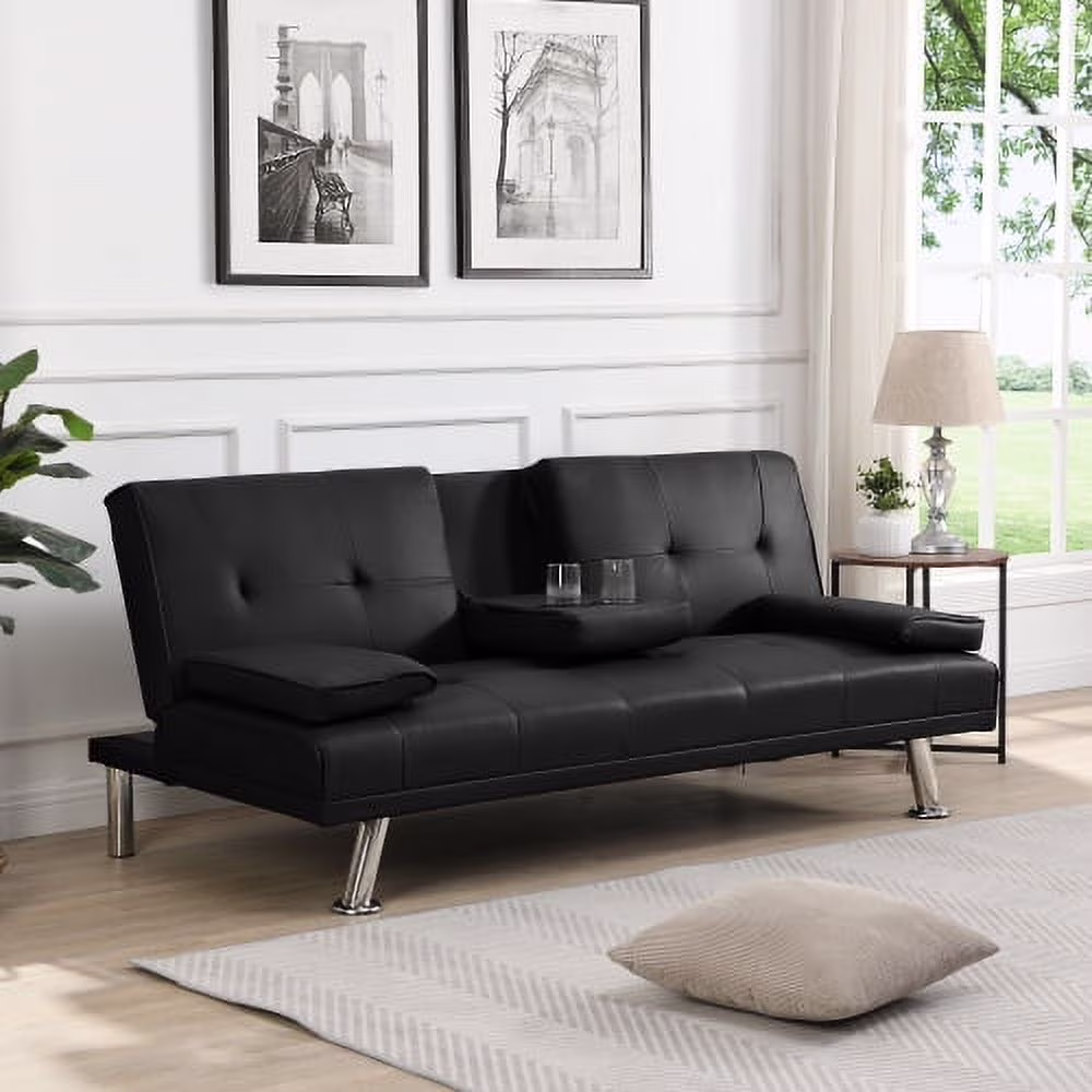 Futon Sofa Bed Sleeper Couch for Living Room Lounge Faux Leather Upholstered Loveseat w/Removable Armrests, Metal Legs, 2 Cup Holders, Black