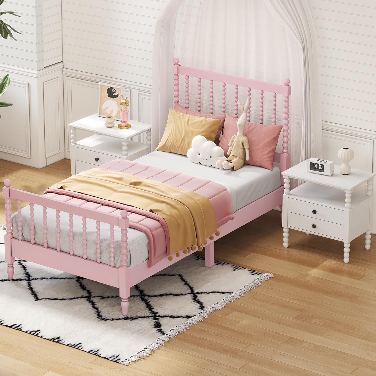 3Pcs Bedroom Set With 2 Nightstands, Size Bed Frame With Gourd Shaped Headboard And Footboard, Solid Wood Platform Bed, No Spring Box Required,