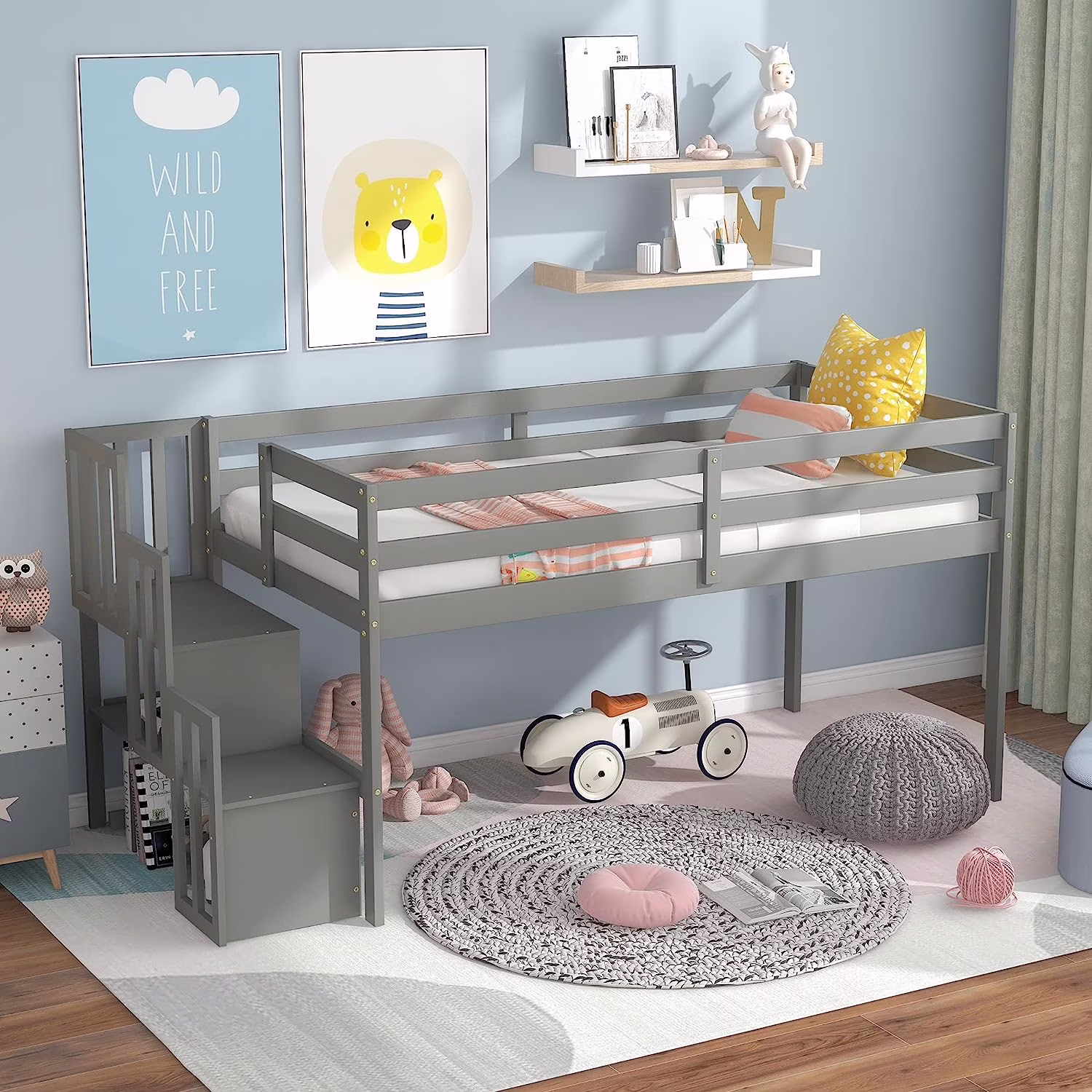 Loft Bed With Slide, Low Loft Bed Frame With Stairs And Storage Shelves, Slide Loft Bed For Boys Girls, No Box Spring Needed, Grey