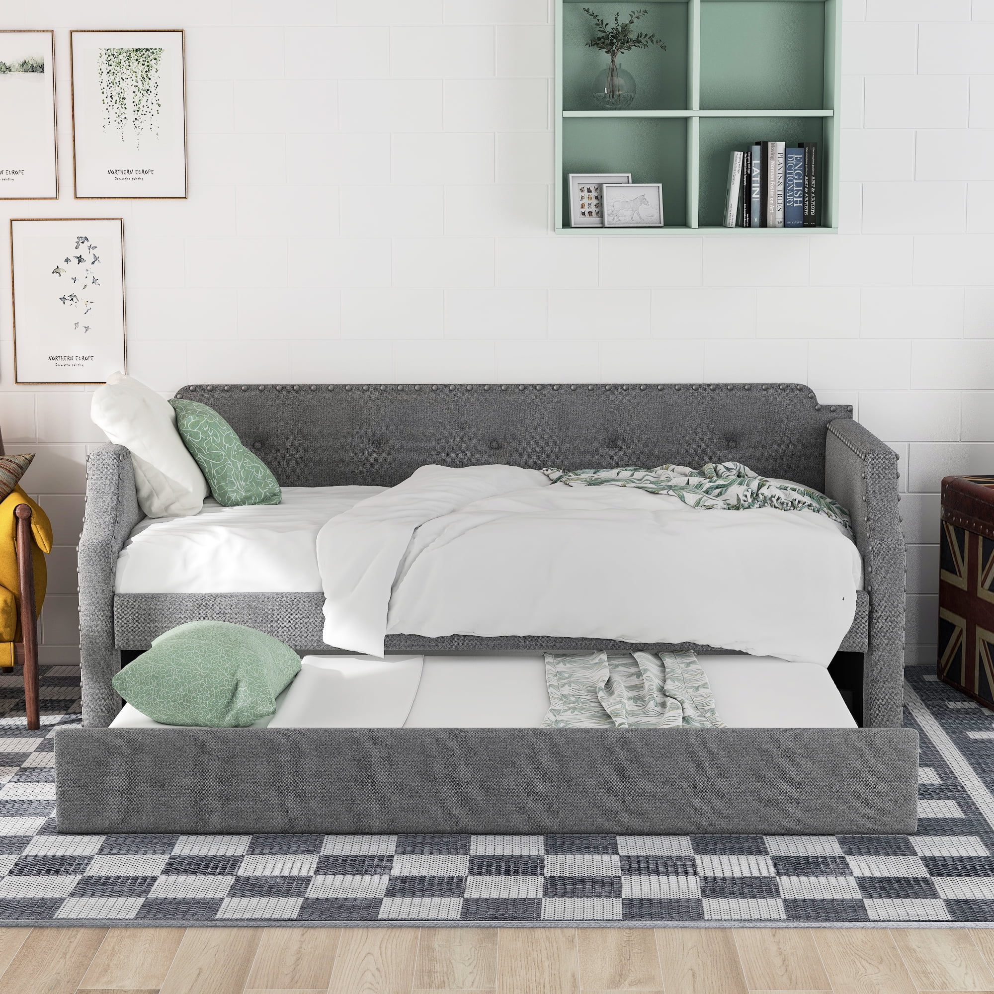 Euroco Twin Upholstered Daybed with Trundle for Kids, Gray